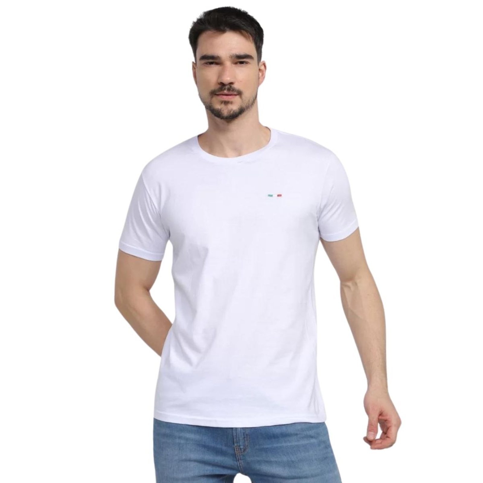 Camiseta Masculina Básica Vih Triny com Bordado no Estilo Tommy Algodão Premium Itália Branco