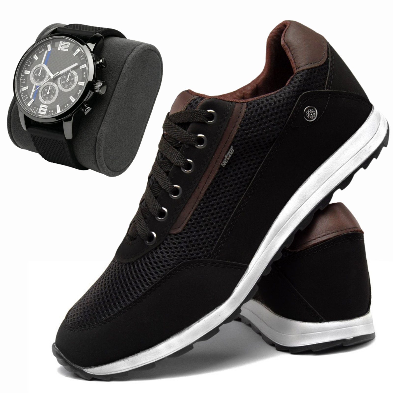 Kit Sapatênis Masculino Tênis Casual Jogging Dia a Dia Com Relógio Ponteiro Preto