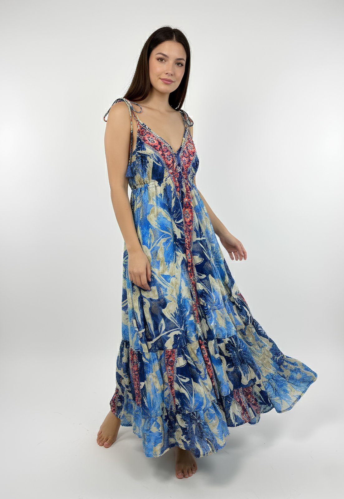 Vestido Longo Indiano Azul Rosa Feminino Estampado Confortável Elegante Azul e Rosa