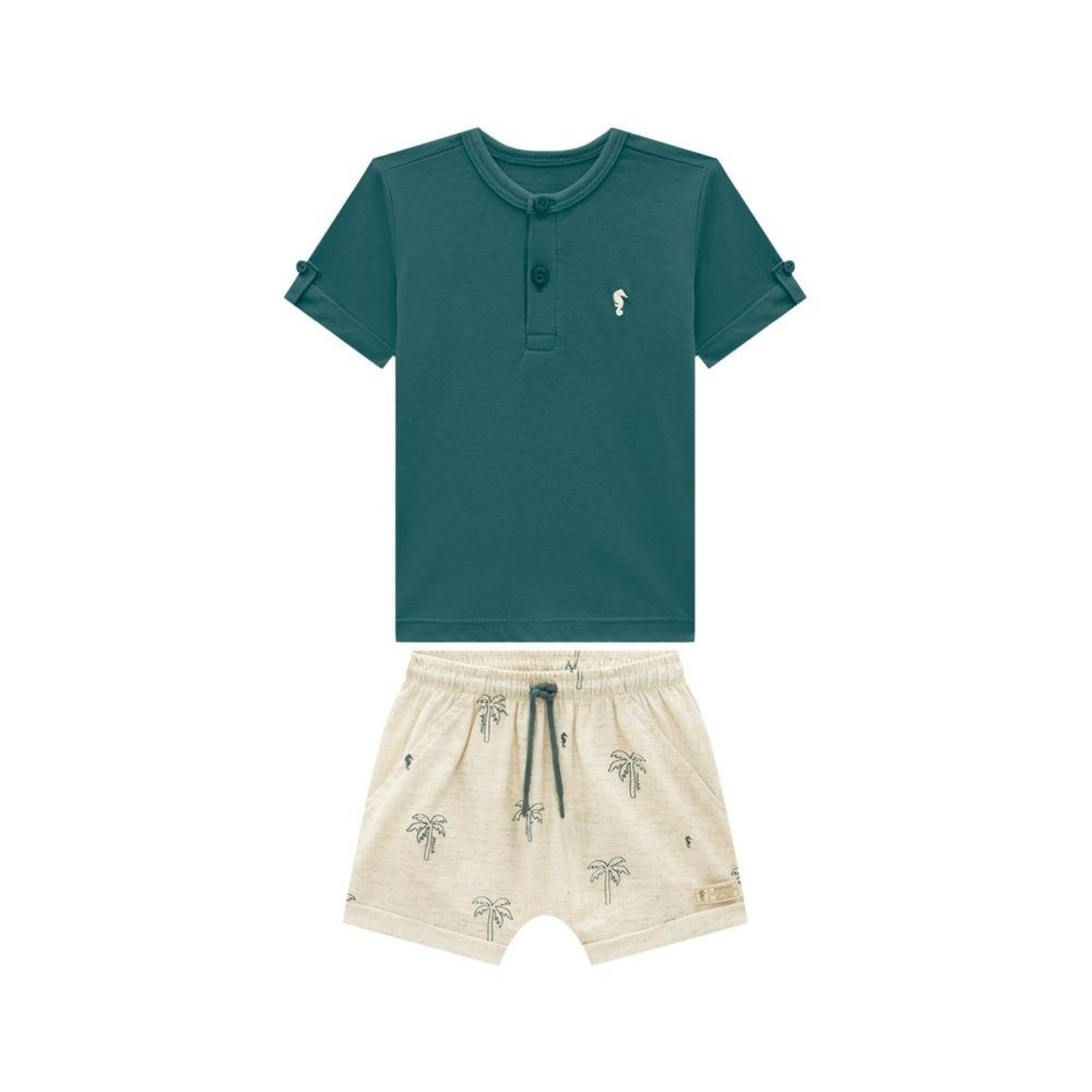 Infantil - Conjunto Camiseta Henley Bermuda Estampada Onda Marinha Verde Bege G Verde