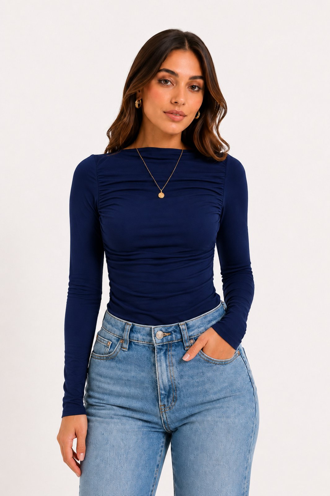 Blusa Feminina D Bell Outlet Fashion Poliamida Manga Longa Azul Marinho