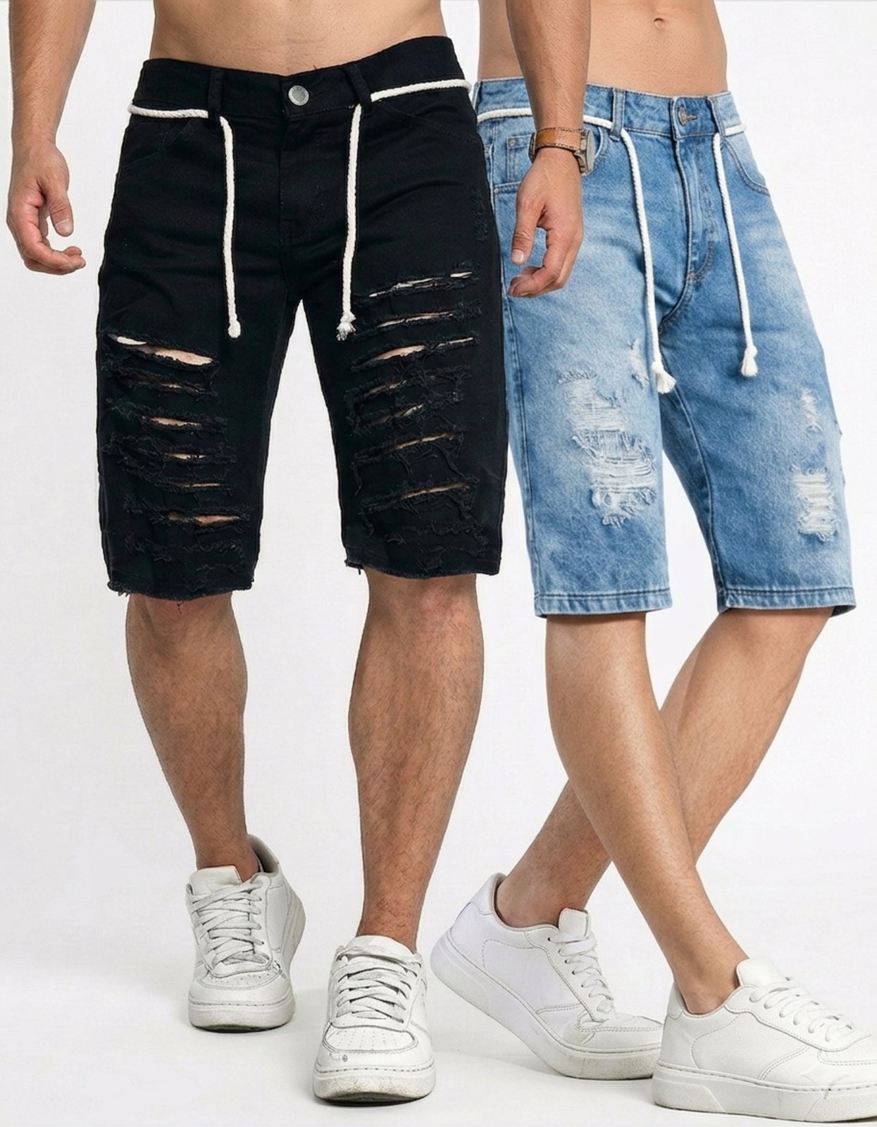 Kit 2 Bermuda Jeans Masculina Rasgada Destroyed Preto e Azul Médio