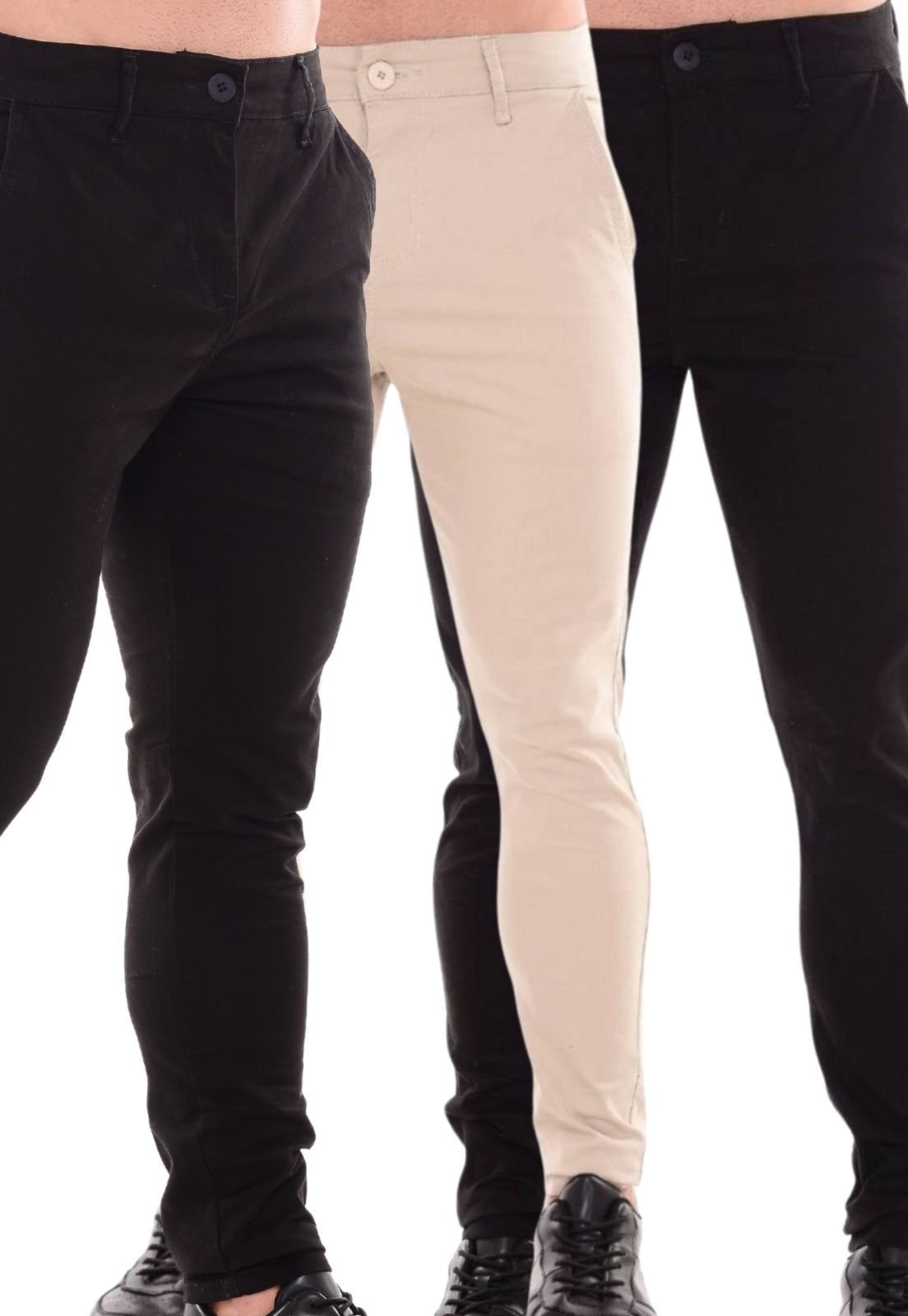 Kit 3 Calças Sarja Masculina Niha Jeans Confortável e Estilosa Preto e Bege Claro