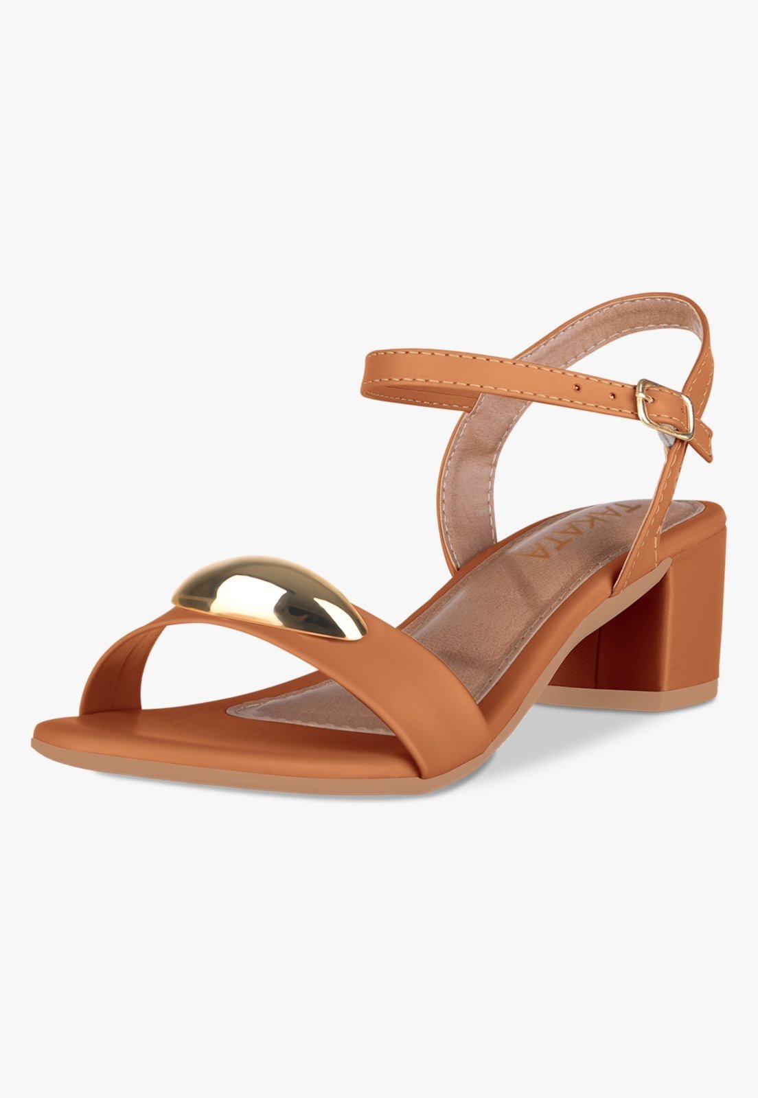 Sandália Feminina Salto Bloco Baixo Enfeite Metal Dourado Caramelo