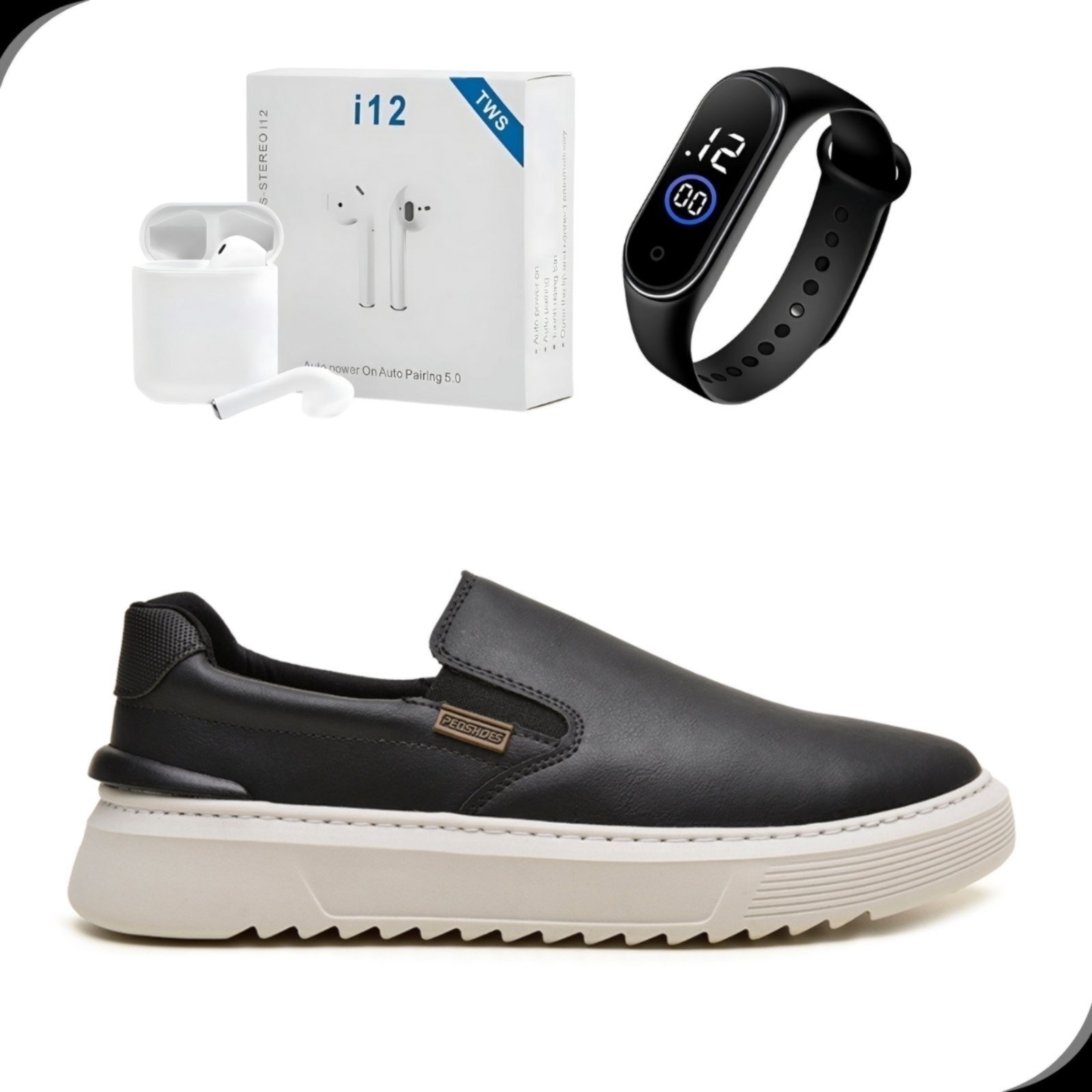 Sapatênis Sem Cadarço Rovetto Slip On Masculino Casual com Fone Sem Fio e Relógio Digital