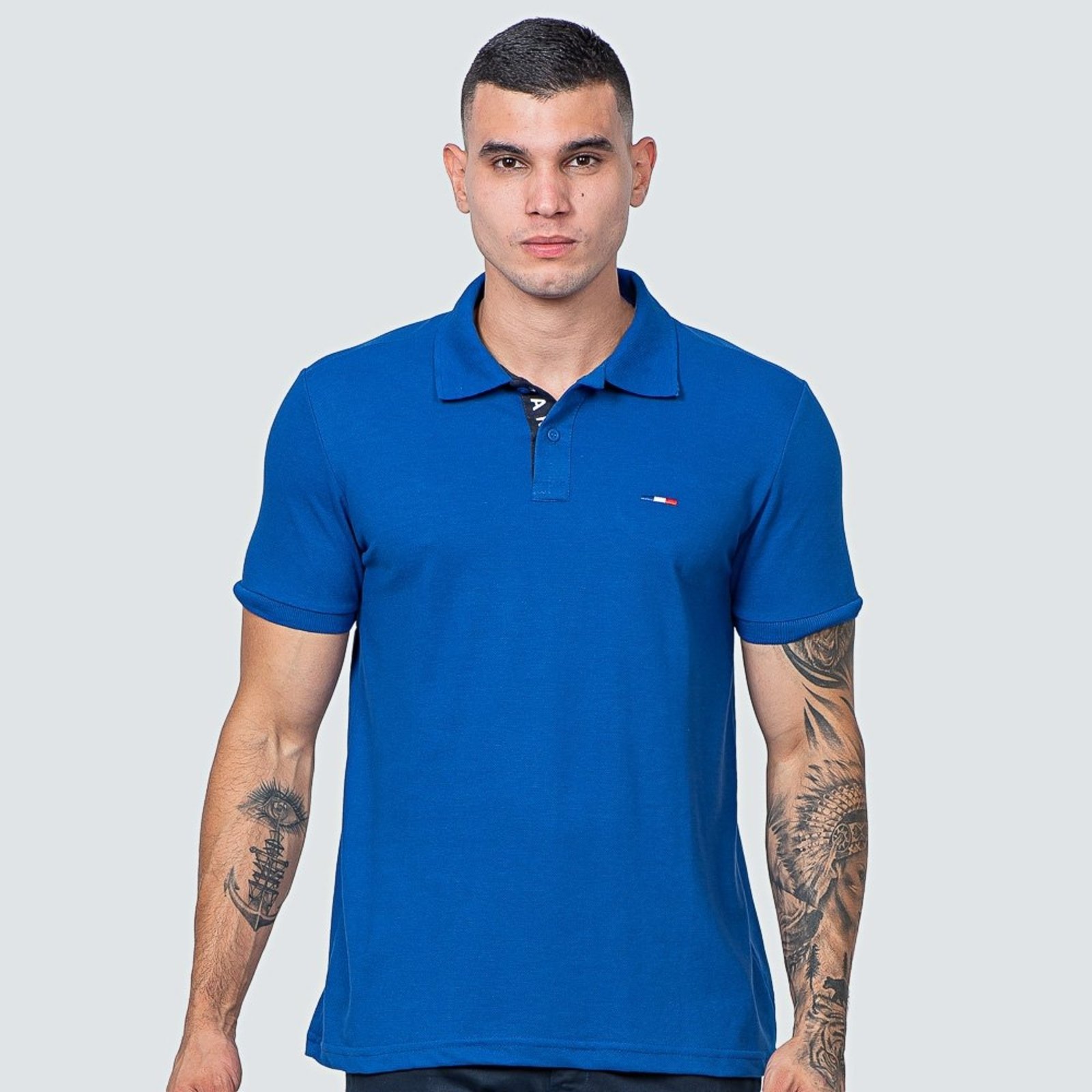 Camisa Polo Masculina Básica Bordado França Royal Azul Royal