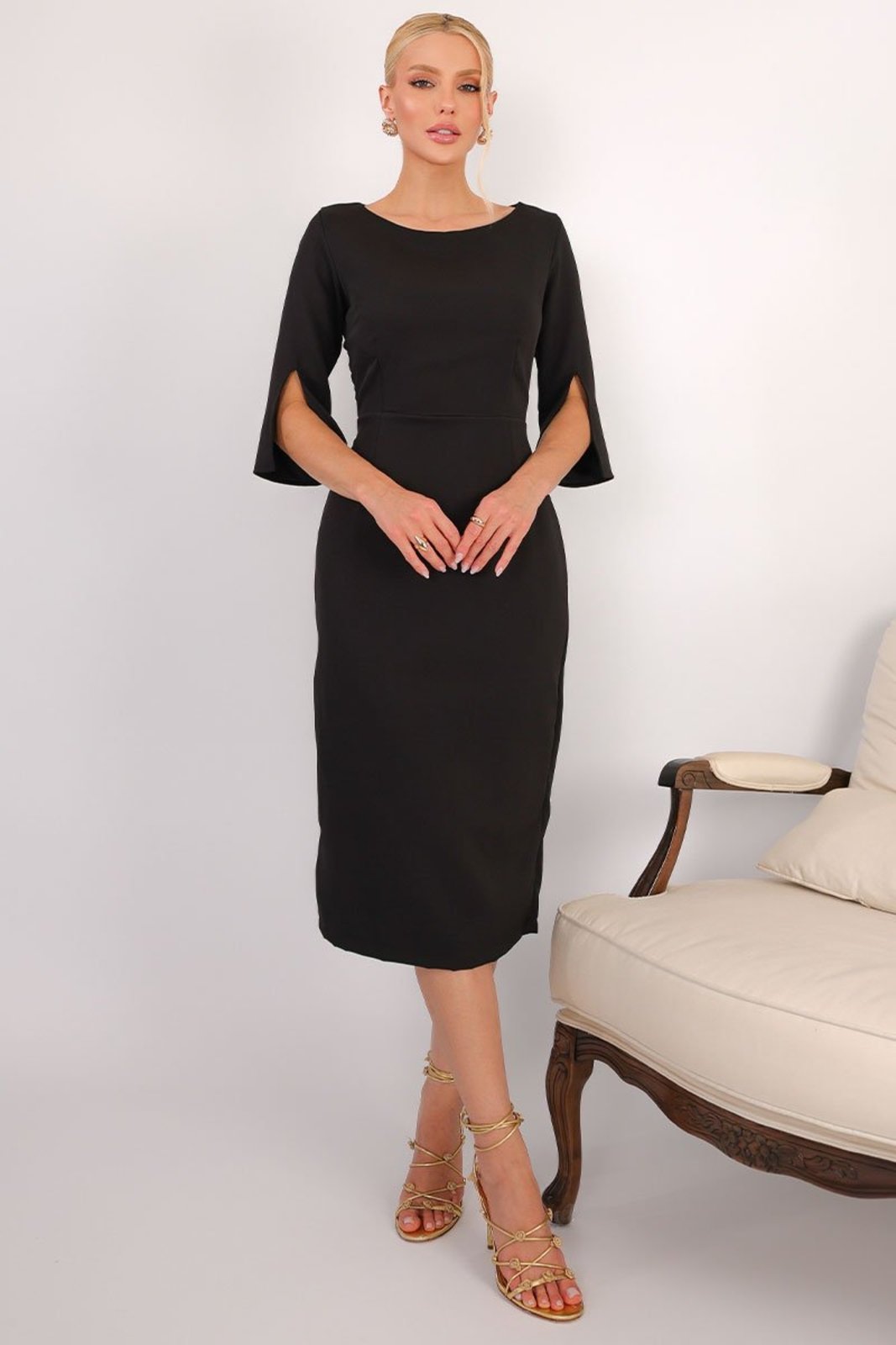 Vestido Midi Angela Manga 3/4 Tubinho Elegante Preto