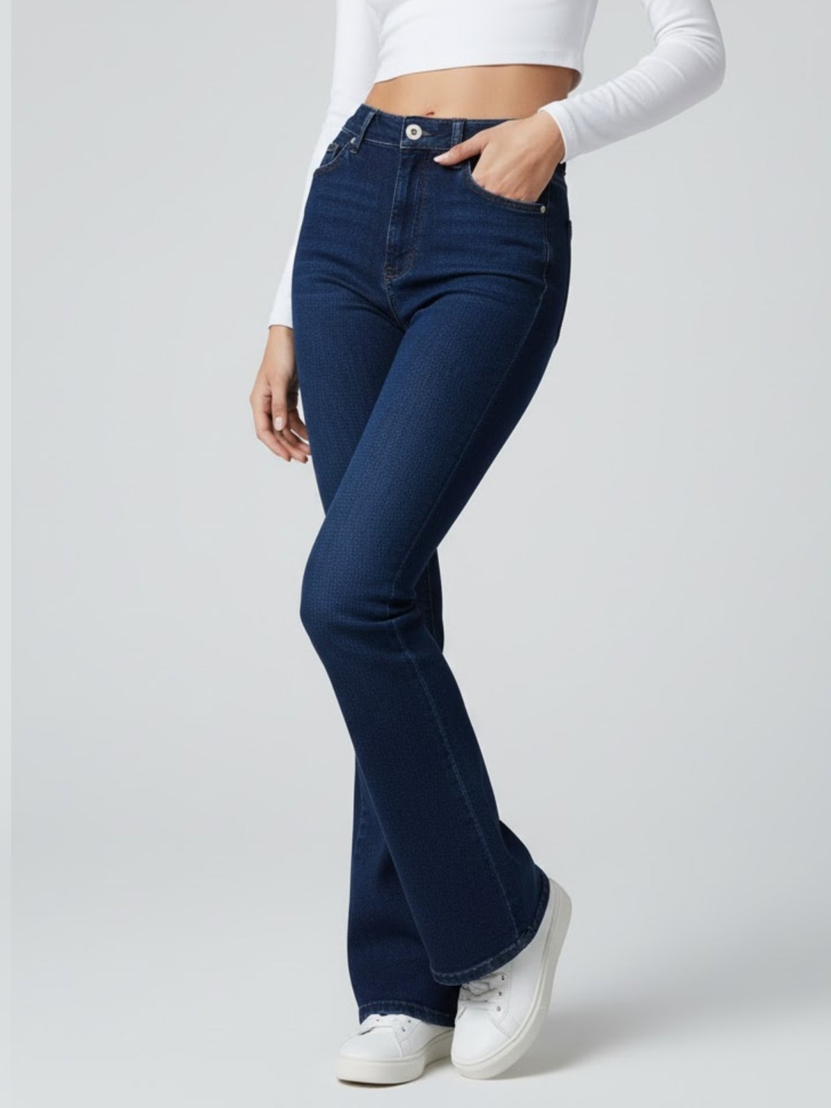 Calça Jeans Flare Alpha Street Wear Azul Escuro Feminina Cintura Alta e Caimento Perfeito
