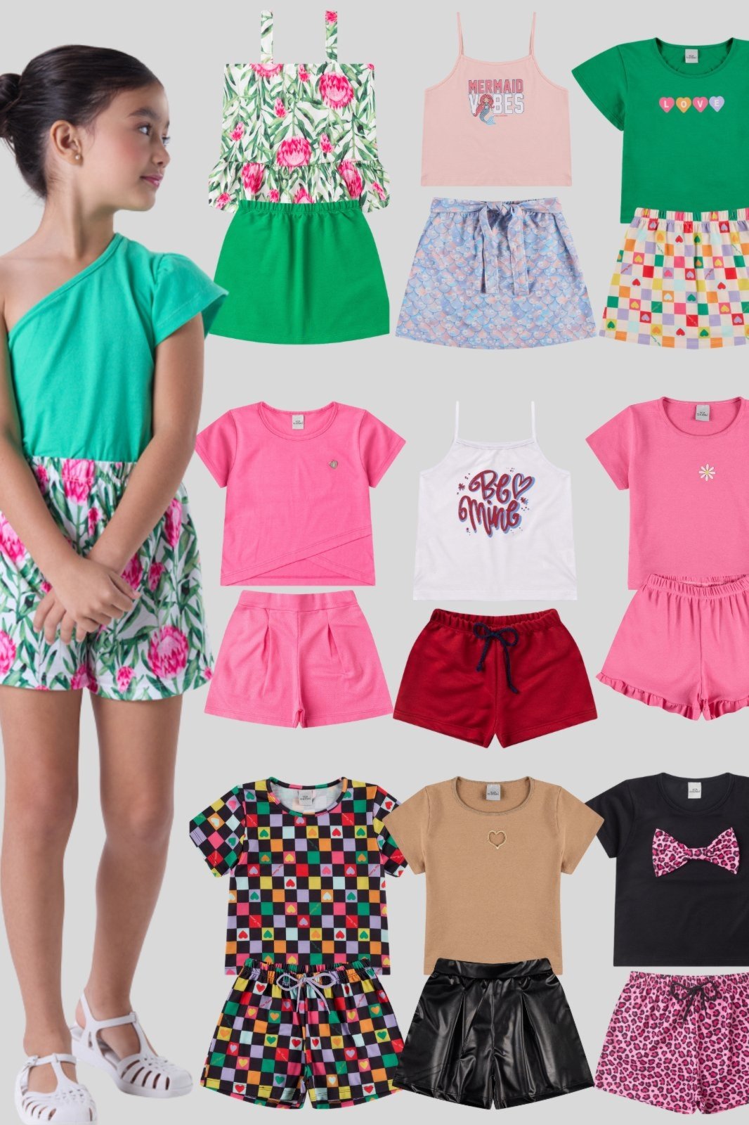 Infantil – Kit Sortido 4 Peças de Roupas Infantis Menina Verão- 2 Camisetas +2 Shorts/Saia