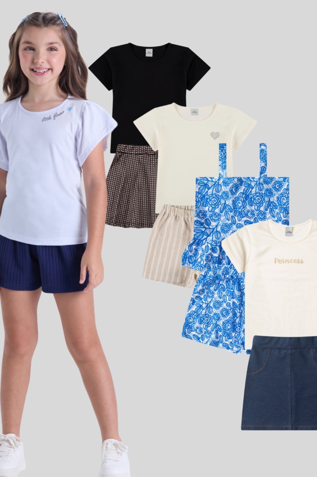 Vista 3 Infantil - Kit Sortido 4 Peças de Roupas Infantis Menina Verão- 2 Camisetas +2 Shorts/Saia VIDA COSTEIRA multicolorido VIDA COSTEIRA multicolorido