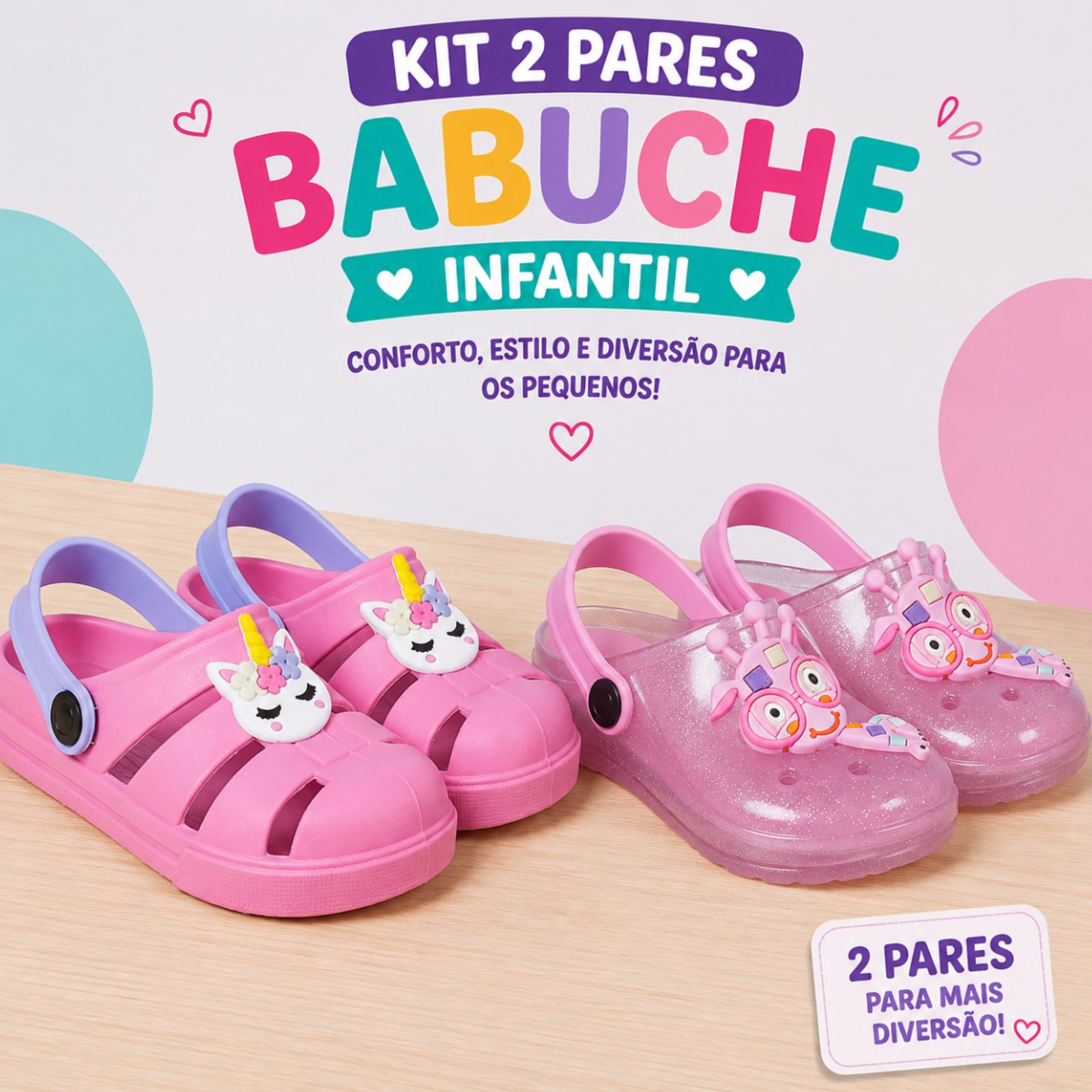Infantil - Kit 2 Pares Babuche Footz Sandália Papete Confortável Leve e Macio Chinelo Casual Unicórnio/Cristal
