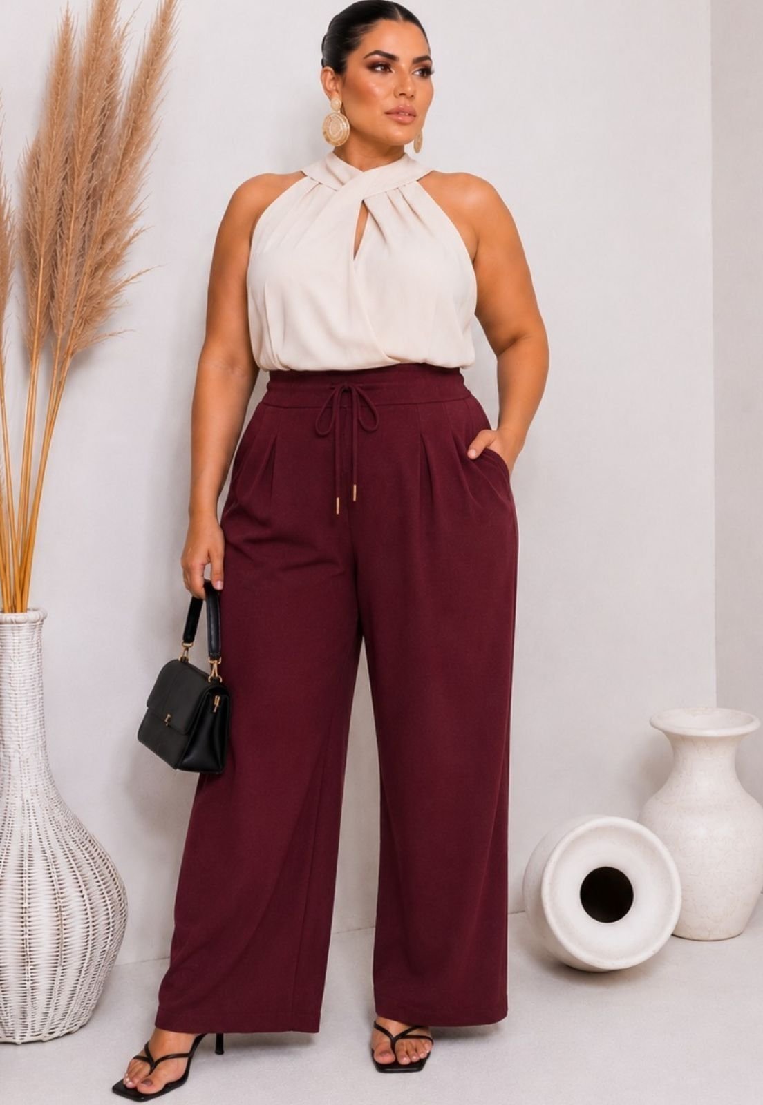 Calça Plus Size Feminina Pantalona Linen Dunas com Pregas Bordo