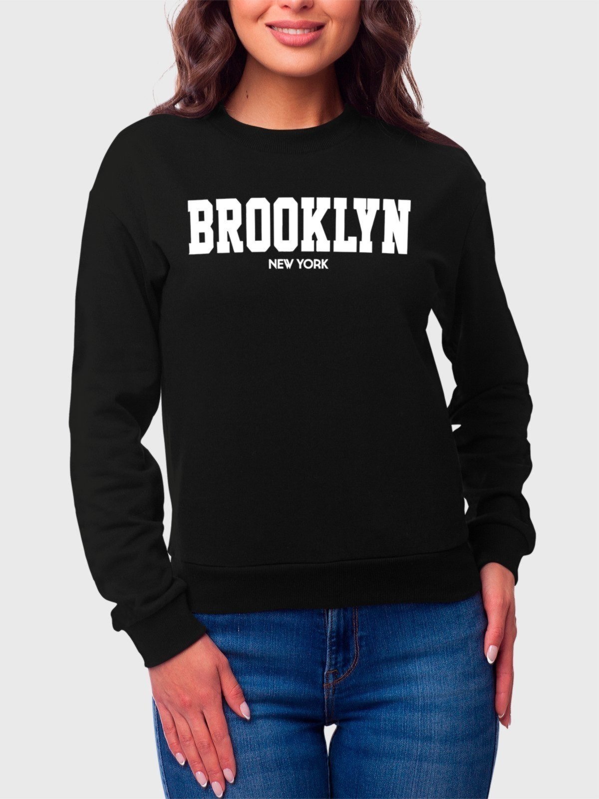 Vista 2 Moletom Gola Redonda Feminino Flanelado Estampa Brooklyn Benellys preto Benellys preto