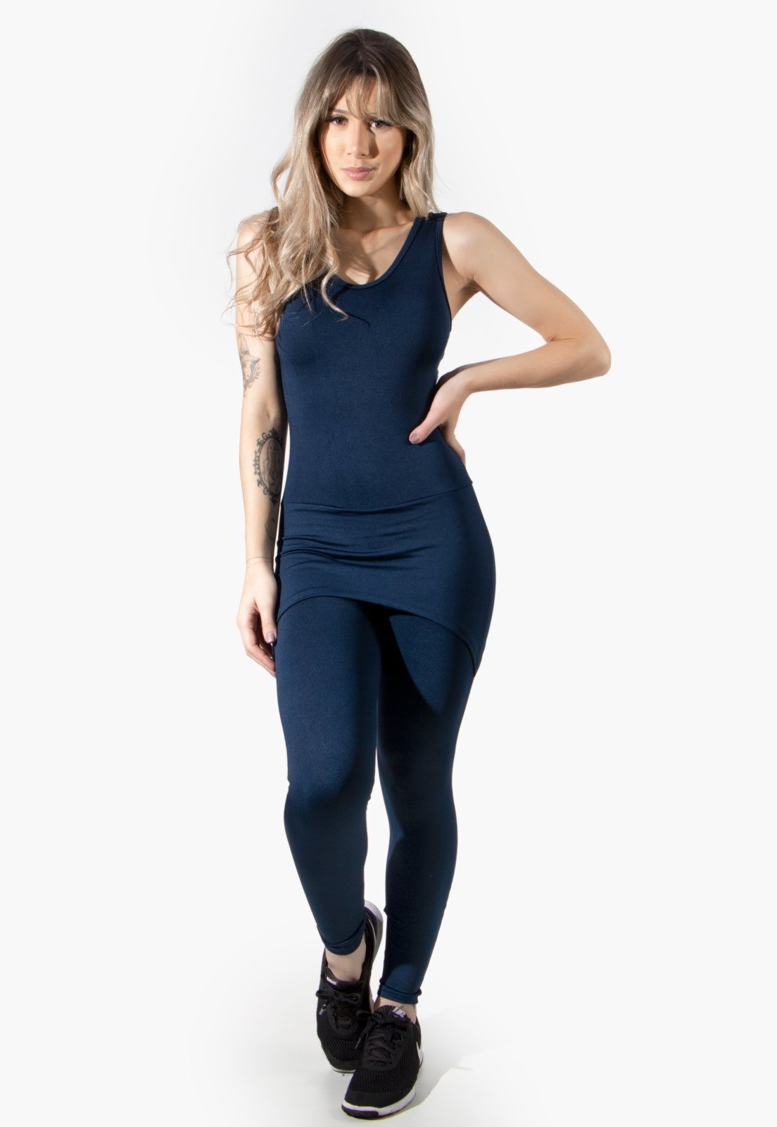 Macacão 4 Estações Liso Saia Longo Tapa Bumbum Fitness Fitness Azul Marinho