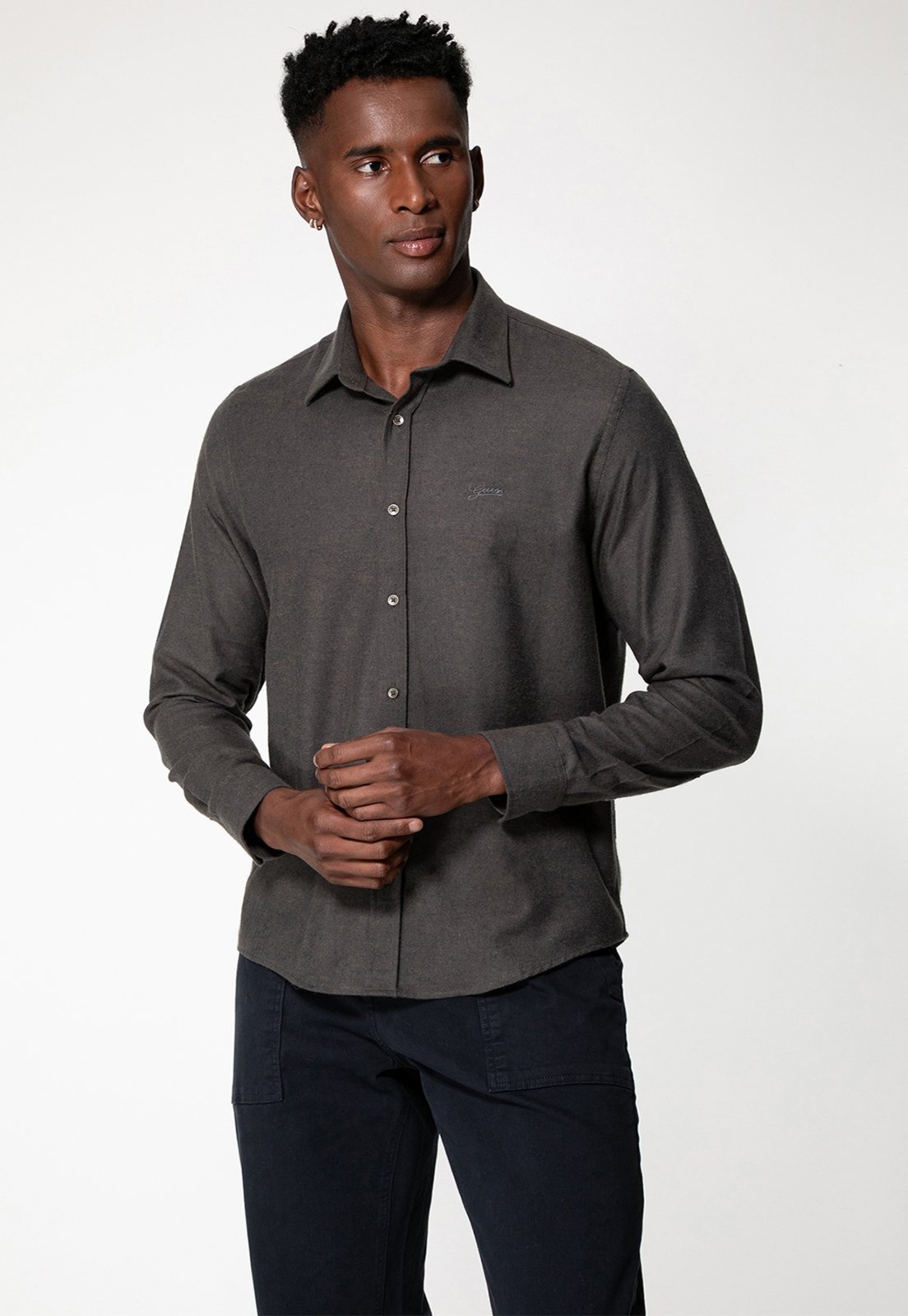 Camisa Guess Flanela Manga Longa Cinza Escuro