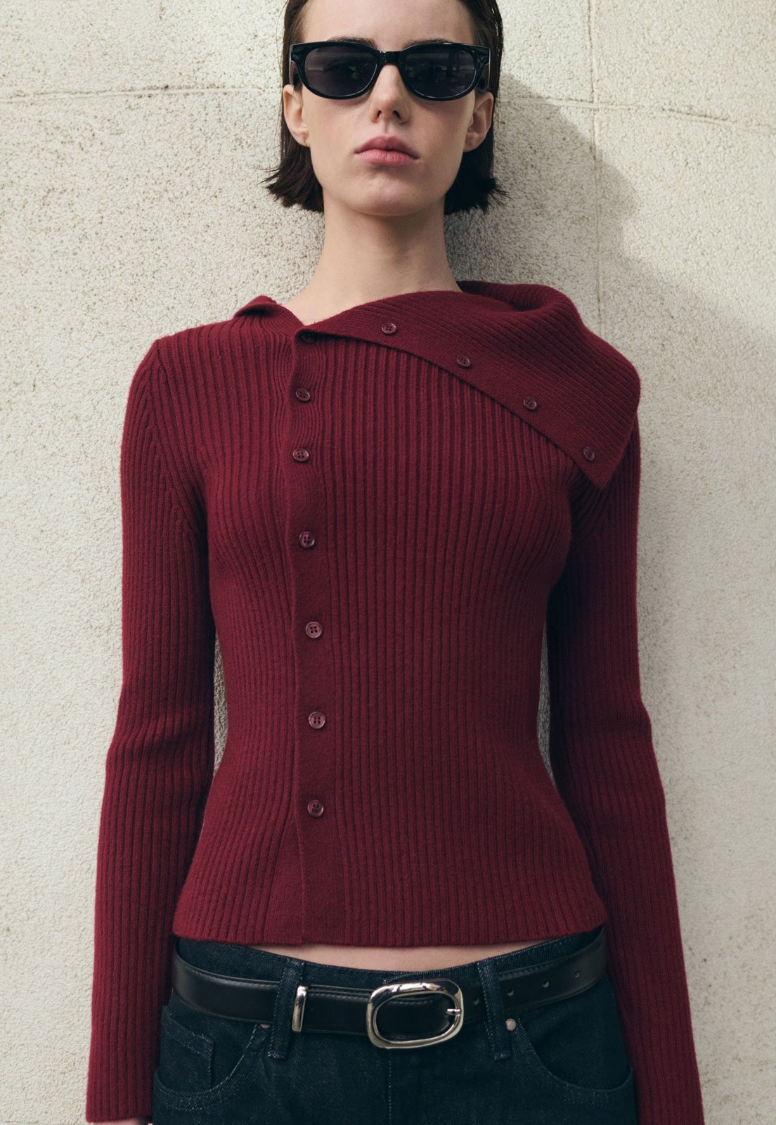 Cardigan Feminino Mango Gola Assimétrica Canelado Vermelho