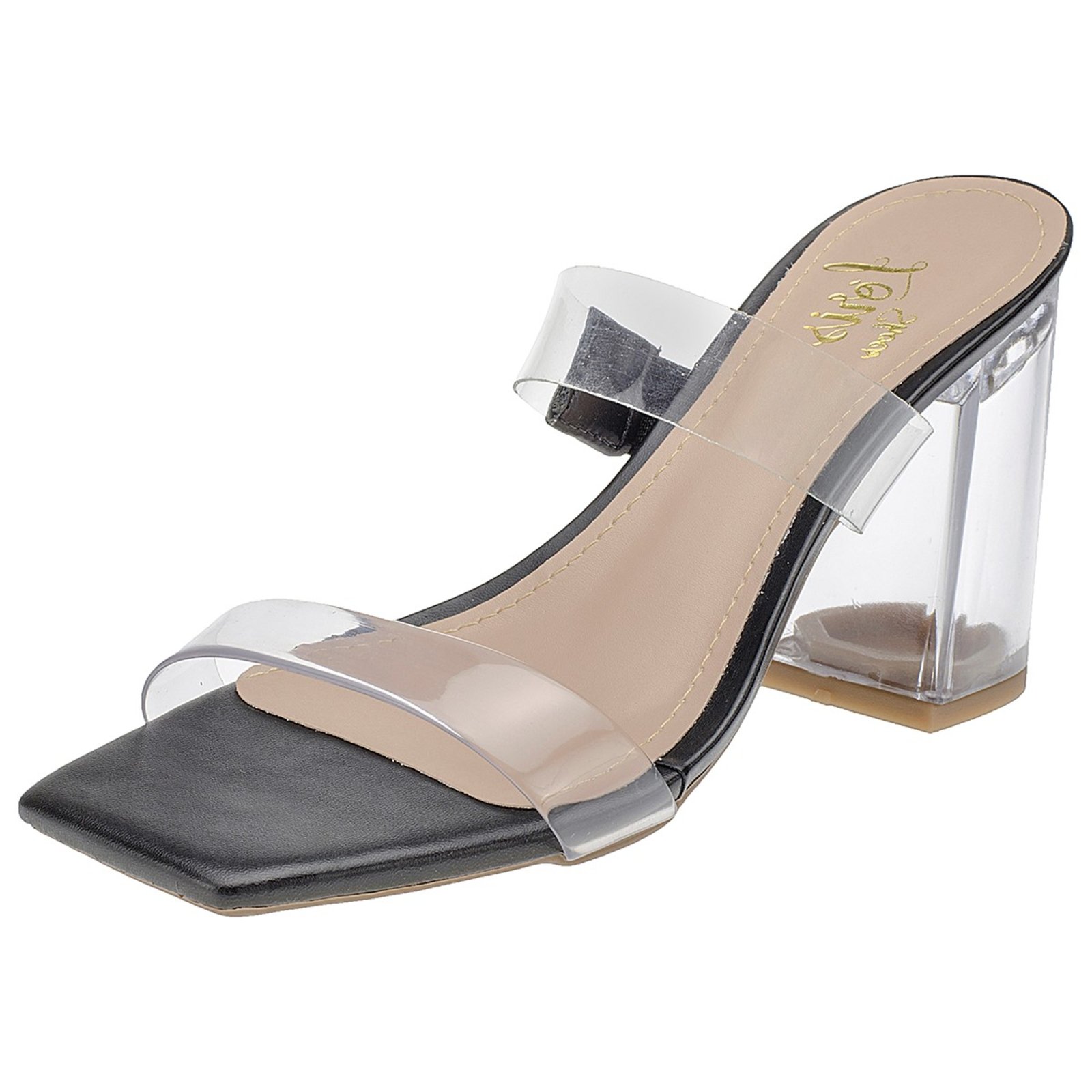 Tamanco Lóris Shoes Sandalia Feminina Vinil Transparente Salto Bloco Cristal Acrilico Moda Preto