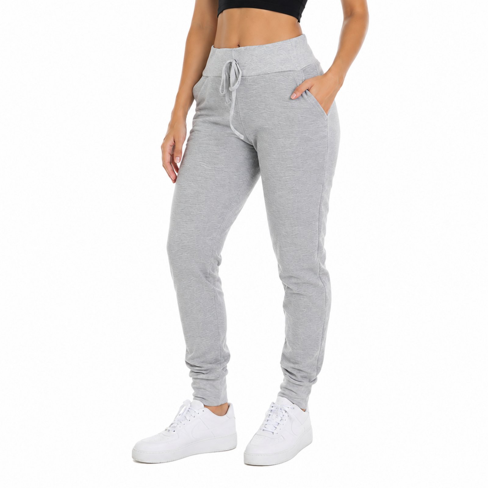 Calça Feminina Moletom Jogger Cinza Claro com Bolsos e Cordão