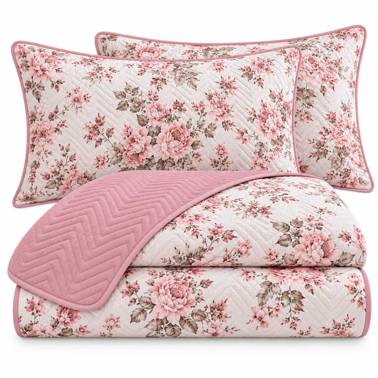 Kit Cobre Leito Floratta Casal Percal 150 Fios Dupla Face Estampado Colcha 3 Peças Floral Rosê