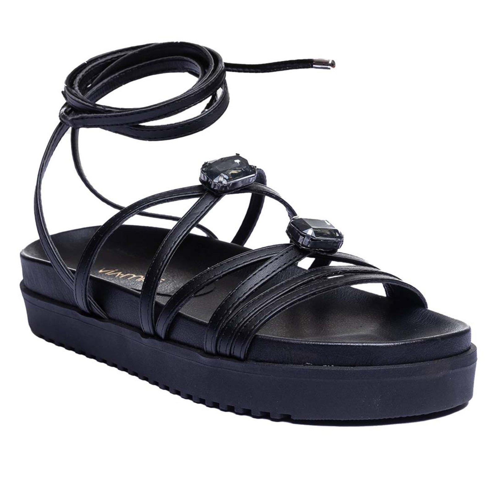 Papete Via Miss Sandália Amarração Pedraria Confortável Preto