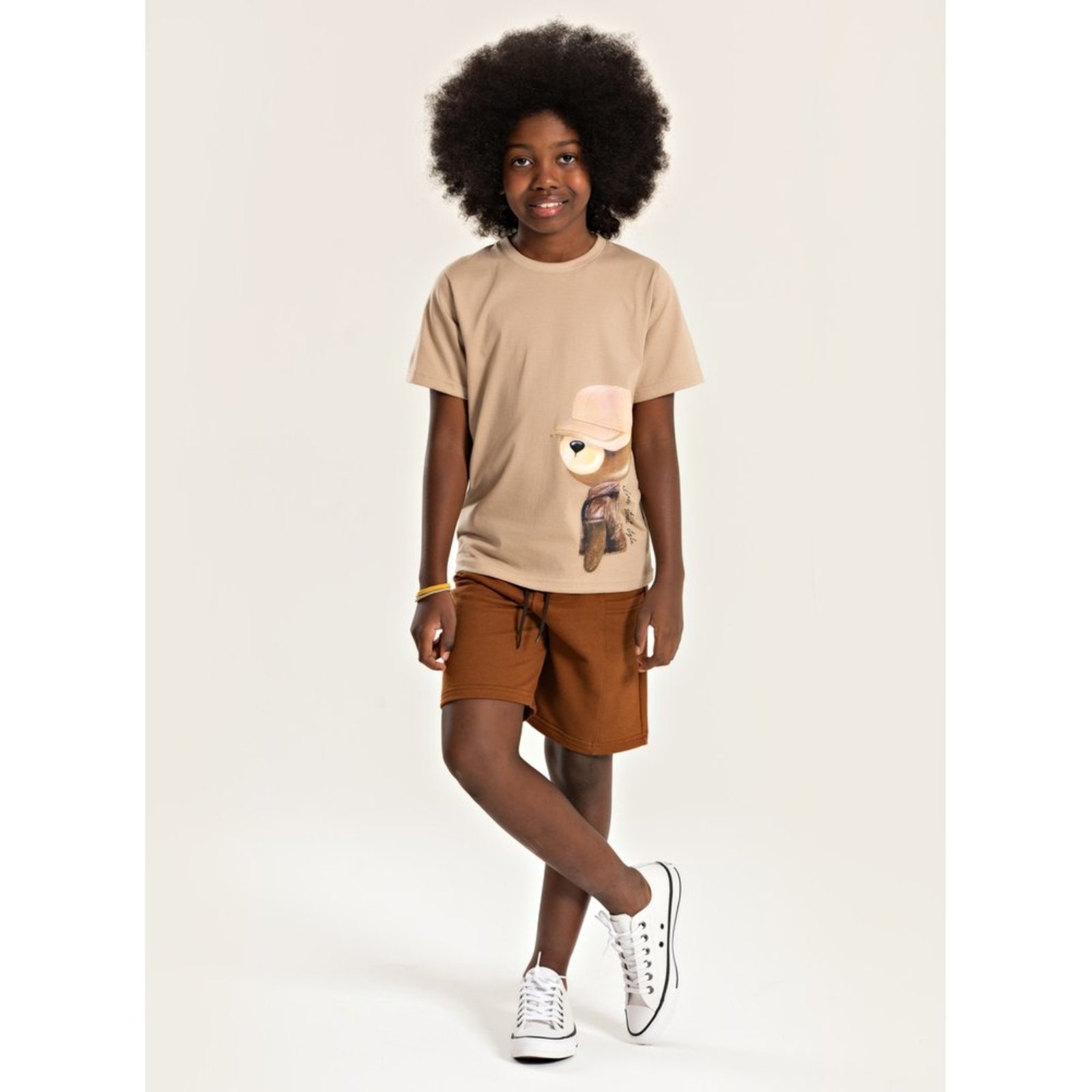 Vista 2 Infantil - Conjunto Verão Menino Bege Camiseta e Bermuda Com Bolso Urso Descolado Molekada marrom Molekada marrom