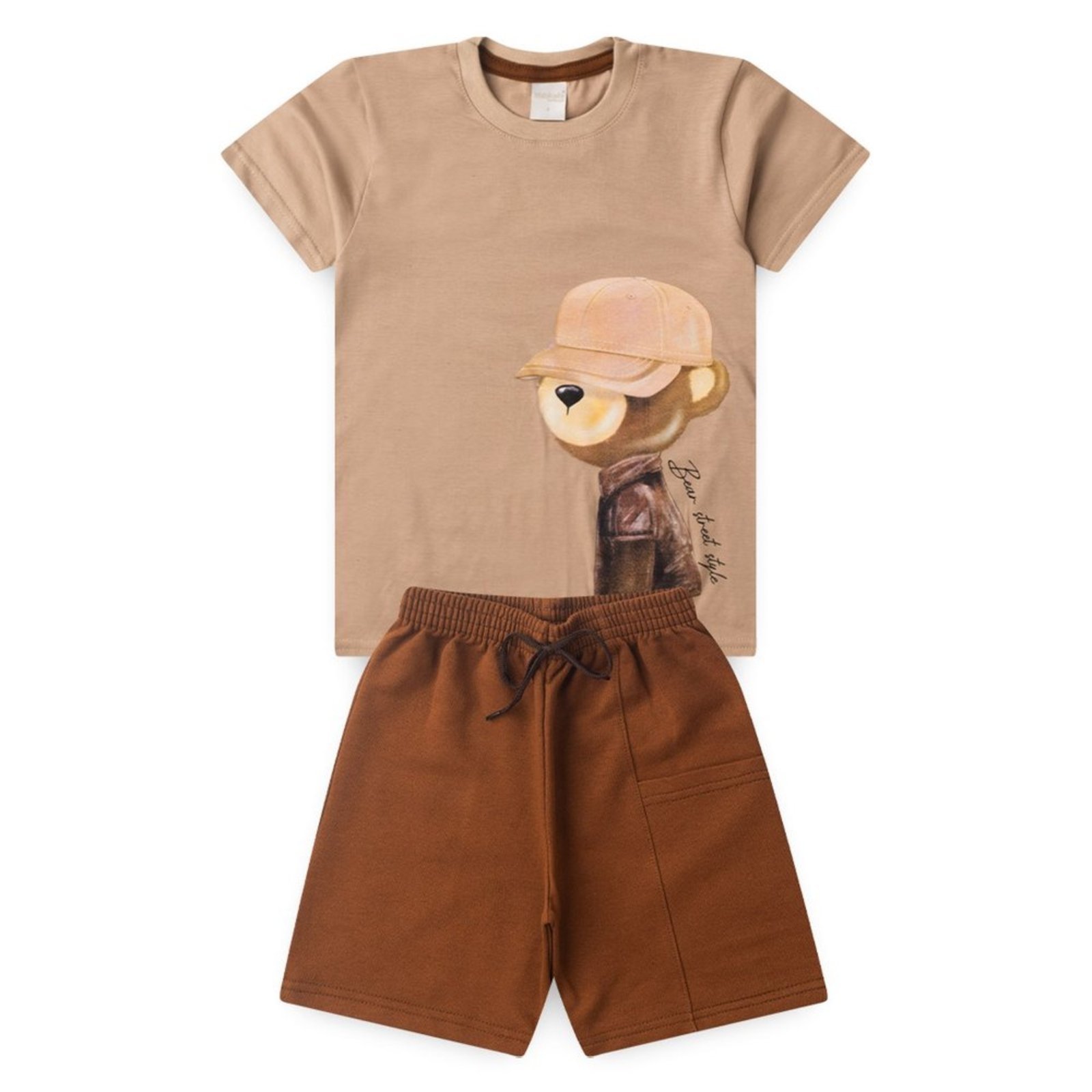 Vista 3 Infantil - Conjunto Verão Menino Bege Camiseta e Bermuda Com Bolso Urso Descolado Molekada marrom Molekada marrom