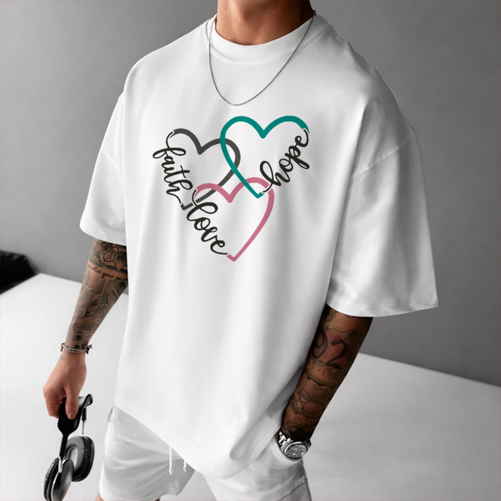 Camiseta Oversized Fé Amor Esperança Unissex Branco