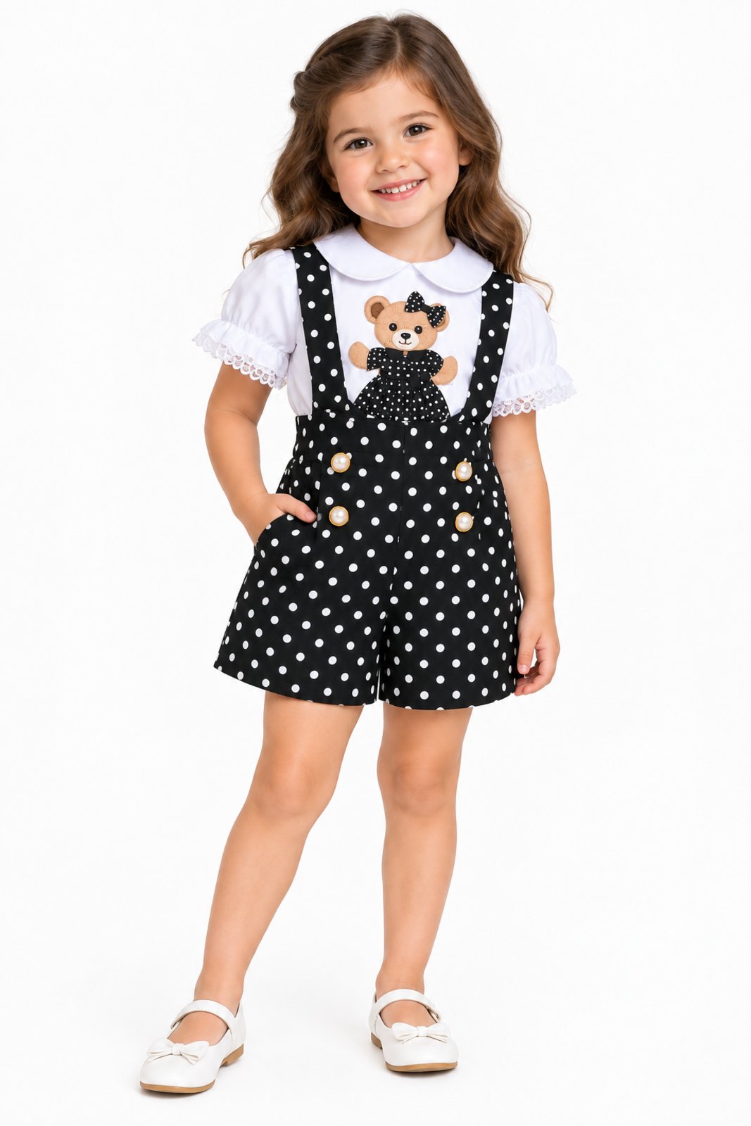 Infantil - Conjunto D Bell Outlet Fashion Salopete Short e Blusa Ursinha Poá Preto