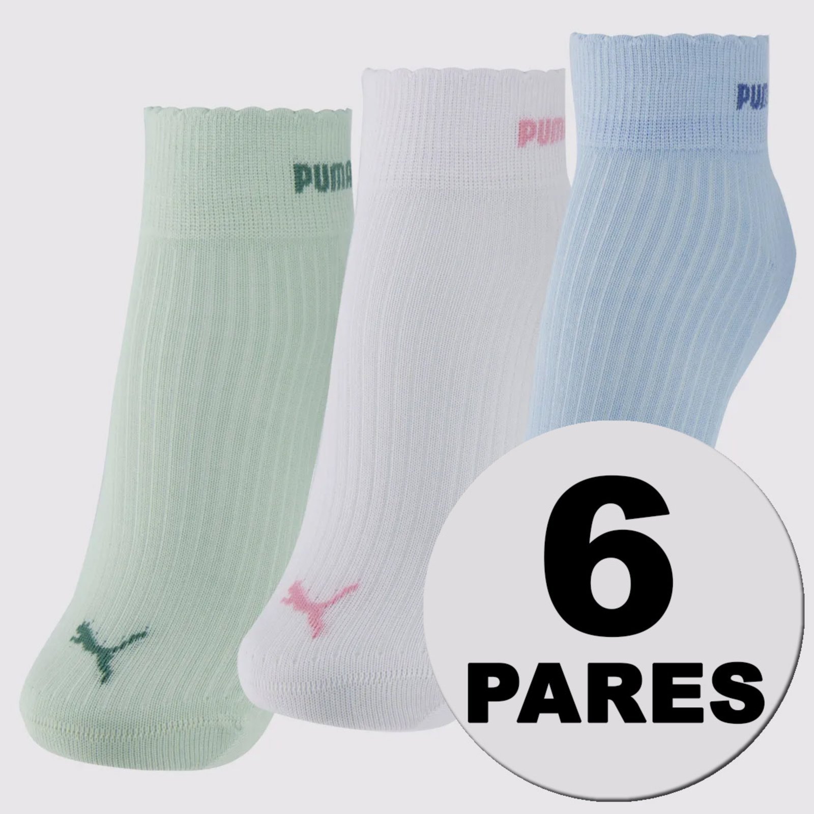 Kit Meias Puma Cano Médio 6 Pares Feminina Verde Azul e Branca