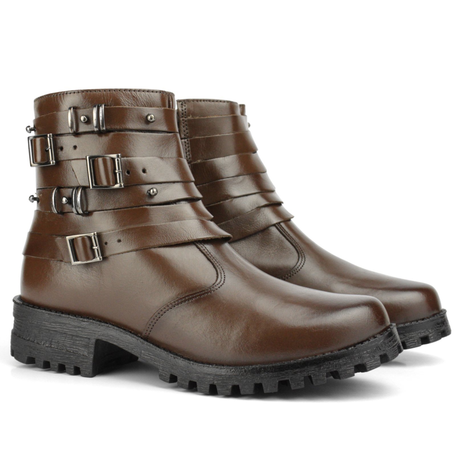 Vista 3 Bota Coturno Couro Feminino Cano Curto Solado Tratorado Baixo Zíper Fivelas Básica Casual Tabaco FRANCA GRIFFE marrom FRANCA GRIFFE marrom
