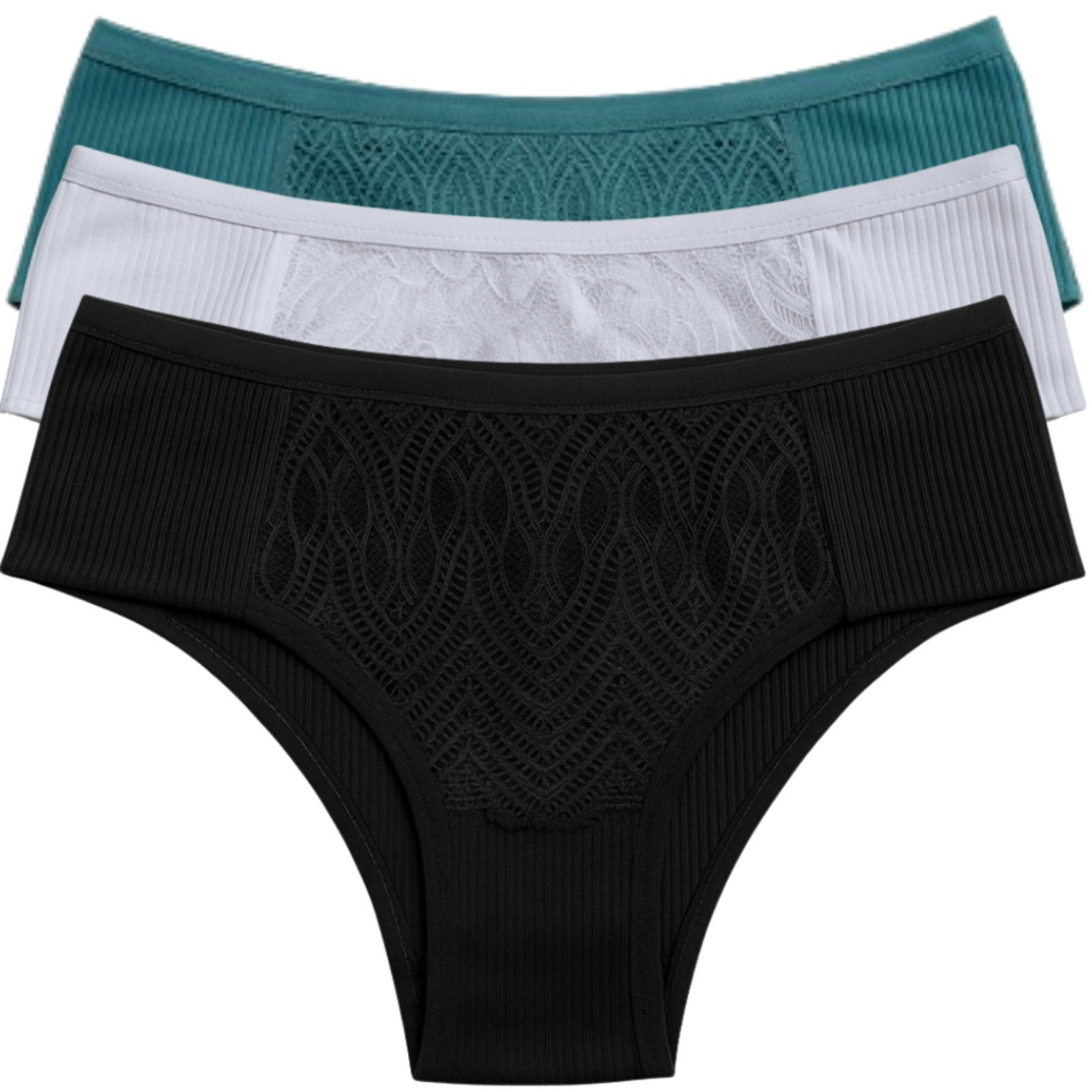 Kit 3 de Calcinha Básica Reflexo Íntimo Detalhes em Renda Frontal Lingerie Tecido Canelado Multicolorido