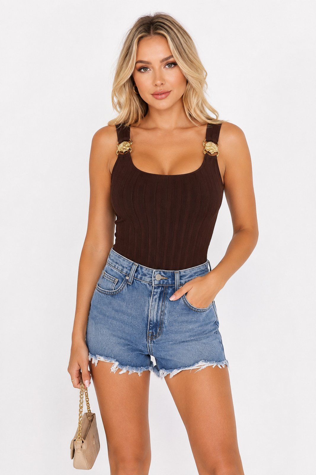 Body D Bell Outlet Fashion Canelado Marrom