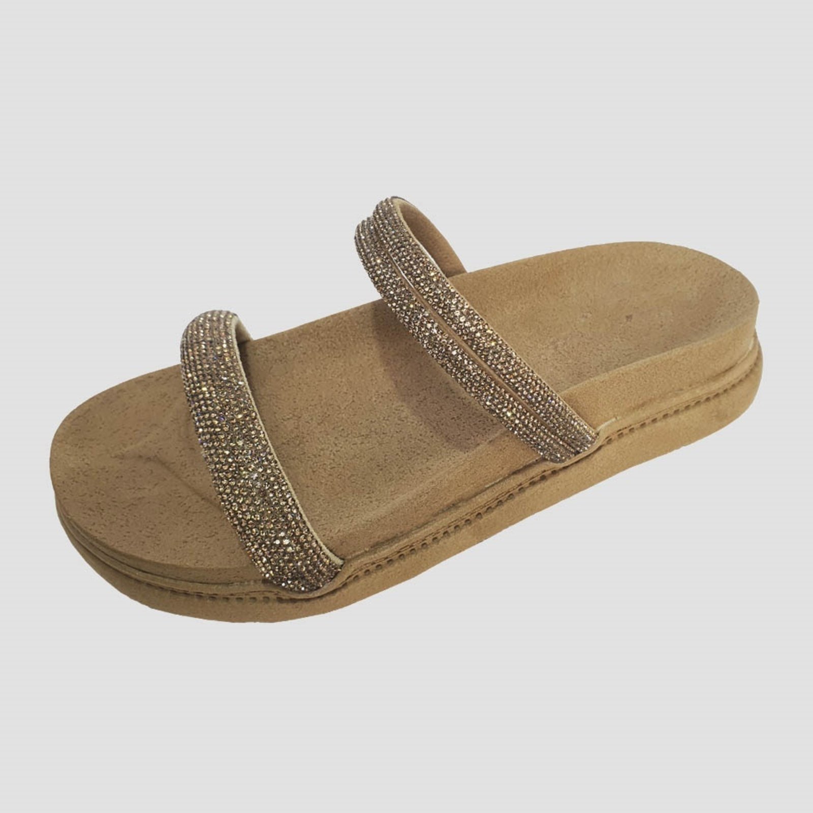 Sandália Flatform Moda Pé Papete Anatômica 3 Tiras Strass Caramelo