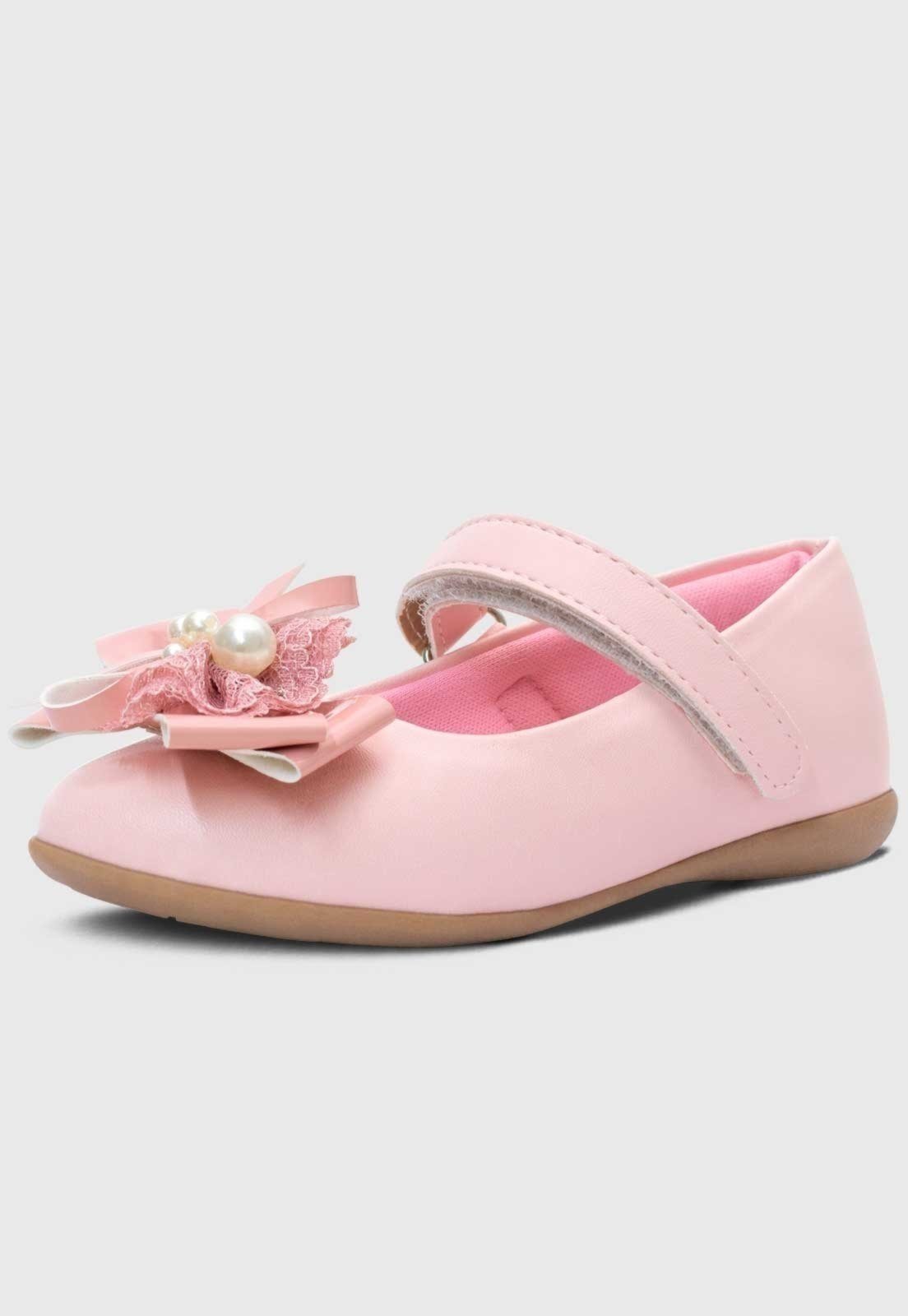 Infantil - Sapatilha Menina Popidi Calce Facil Laço Pérola Renda Rosa
