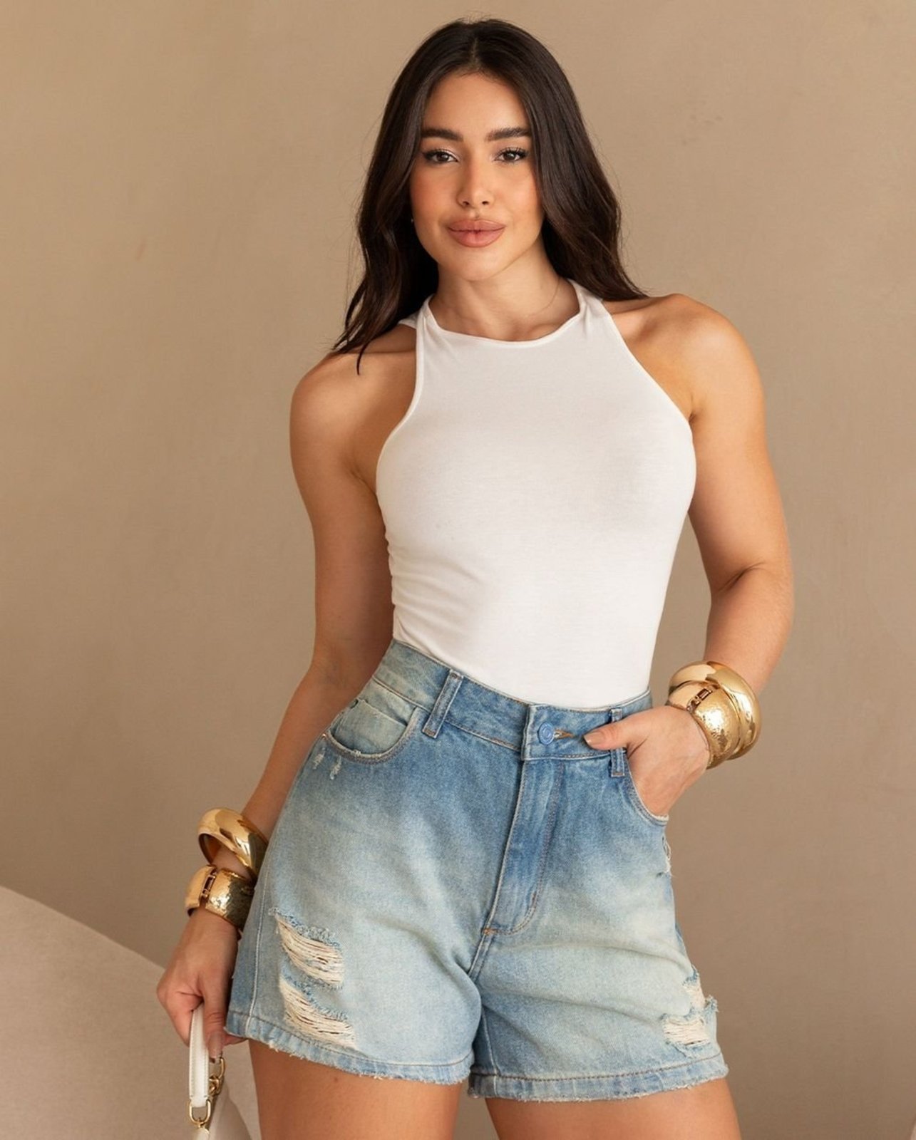 Shorts Jeans Mom Feminino Cintura Alta Básico 70101 Sky Vintage Consciência