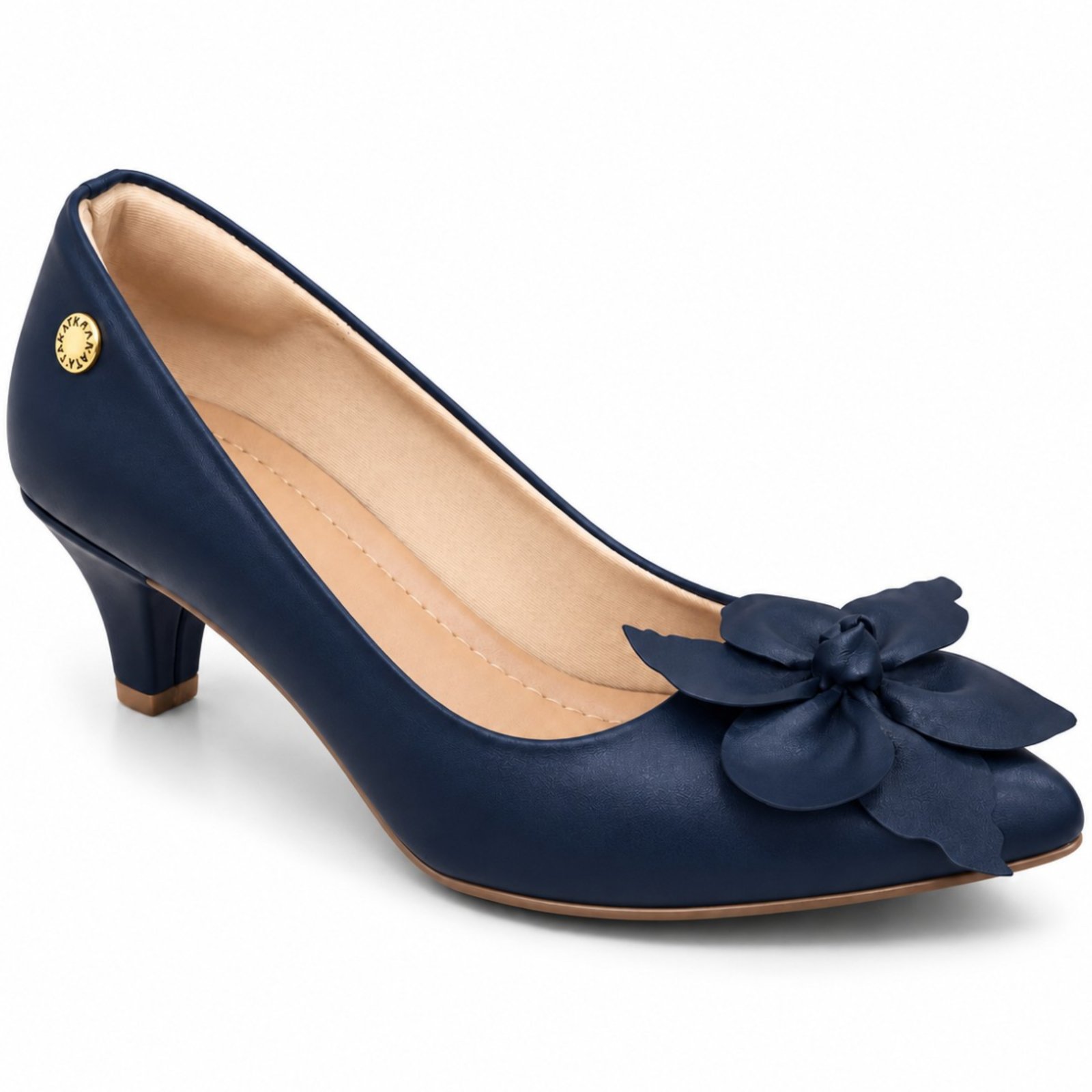 Scarpin Feminino Flor Takata Salto Baixo Elegante Bico Fino Marinho