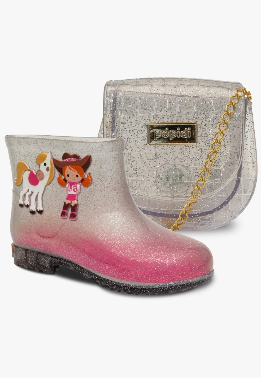 Vista 2 Infantil - Kit Bolsa e Bota Galocha Feminina Pópidi Menina Cowgirl Glitter prata Pópidí prata