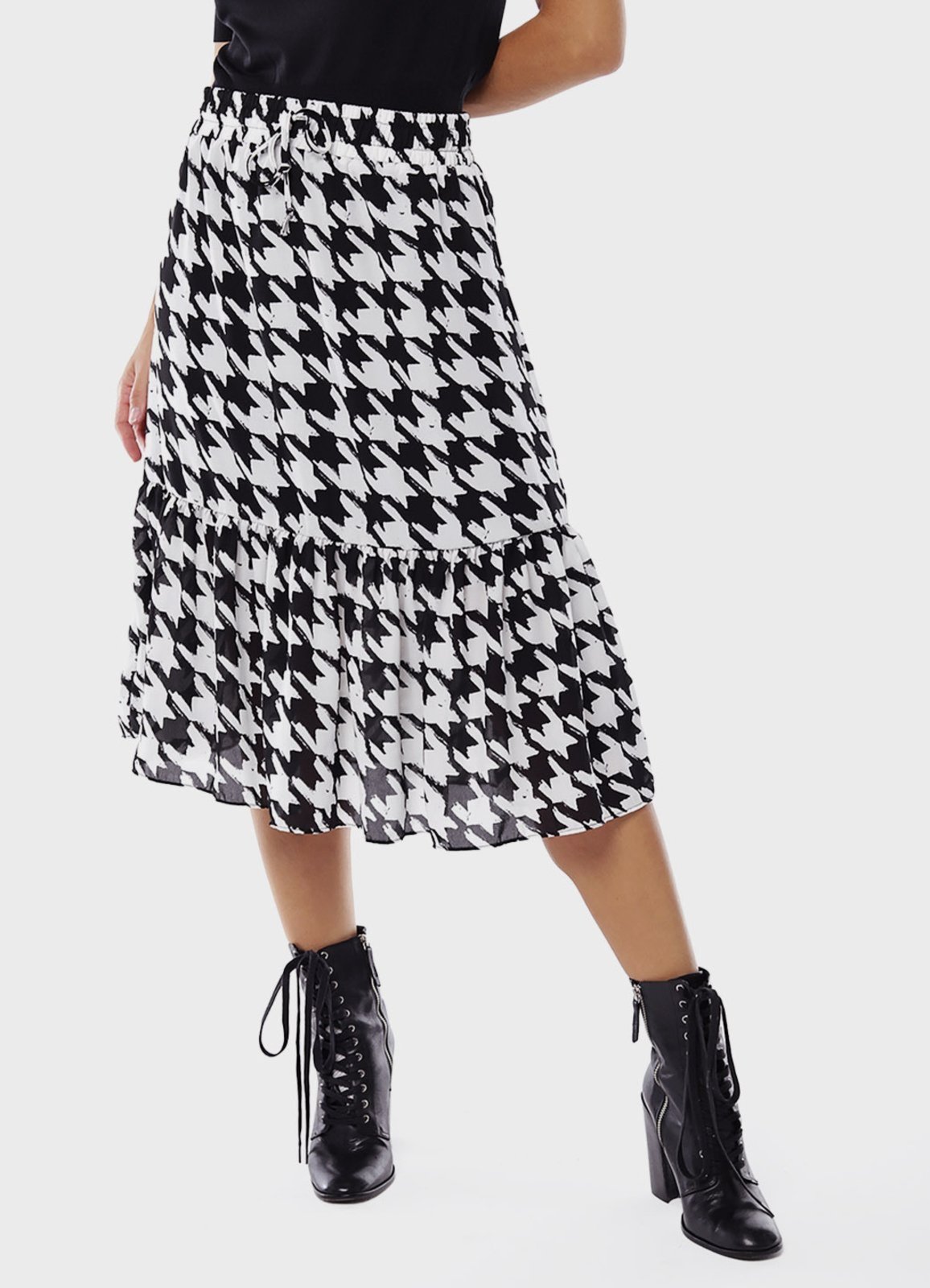 Saia Midi Xadrez Pied de Poule Crepe Preta e Branca Sob Preto