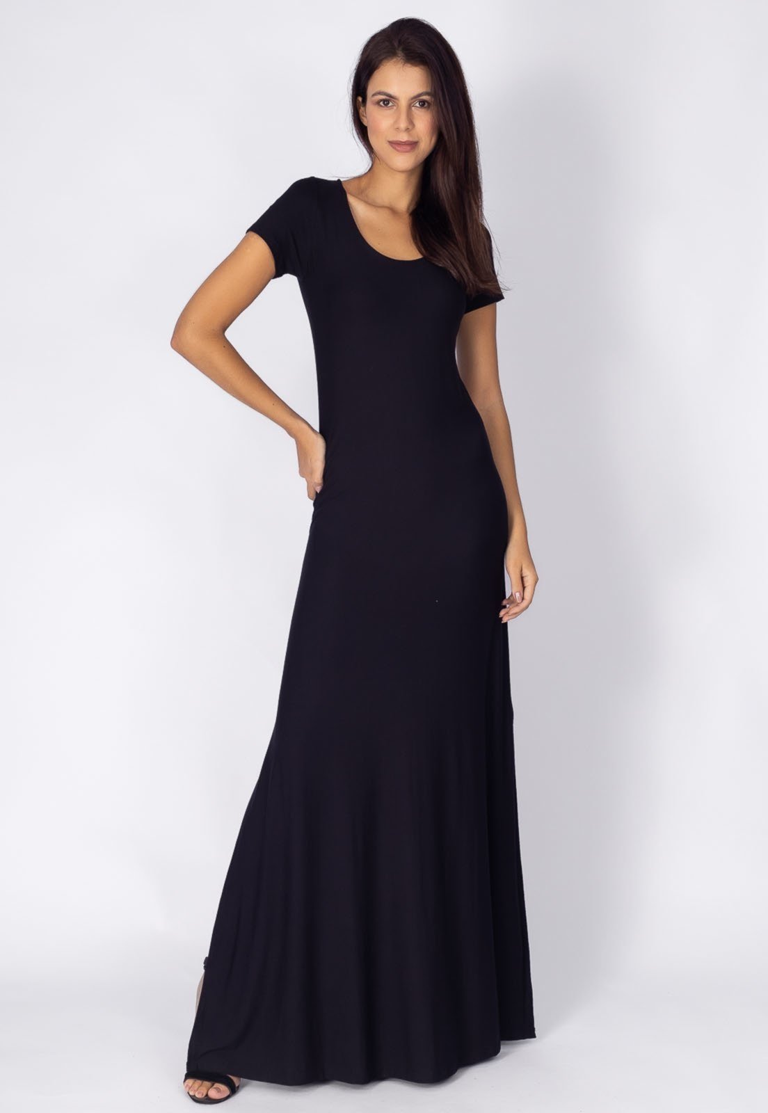 Vestido Longo Amazonia Vital Malha Gola Canoa Manga Curta Preto