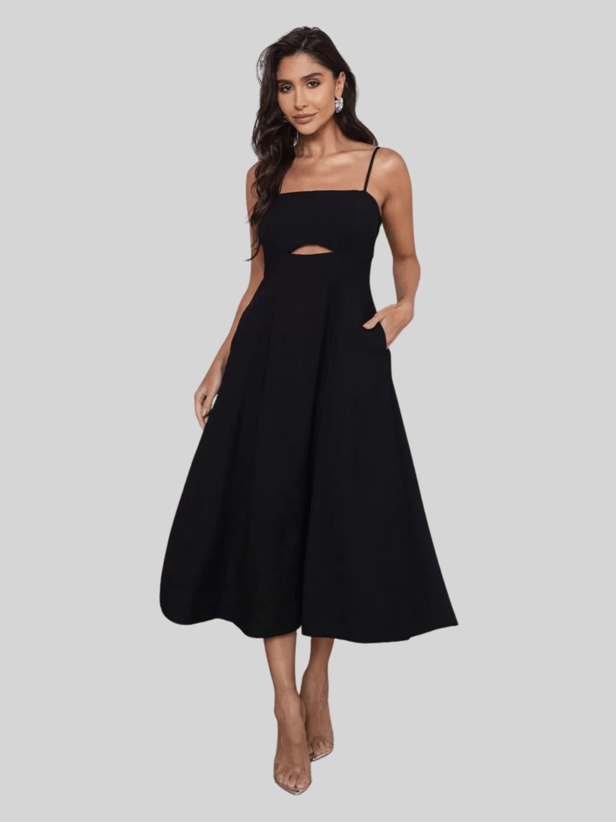 Vestido Midi Amanda Detalhe Vazado C/ Bolsos Preto