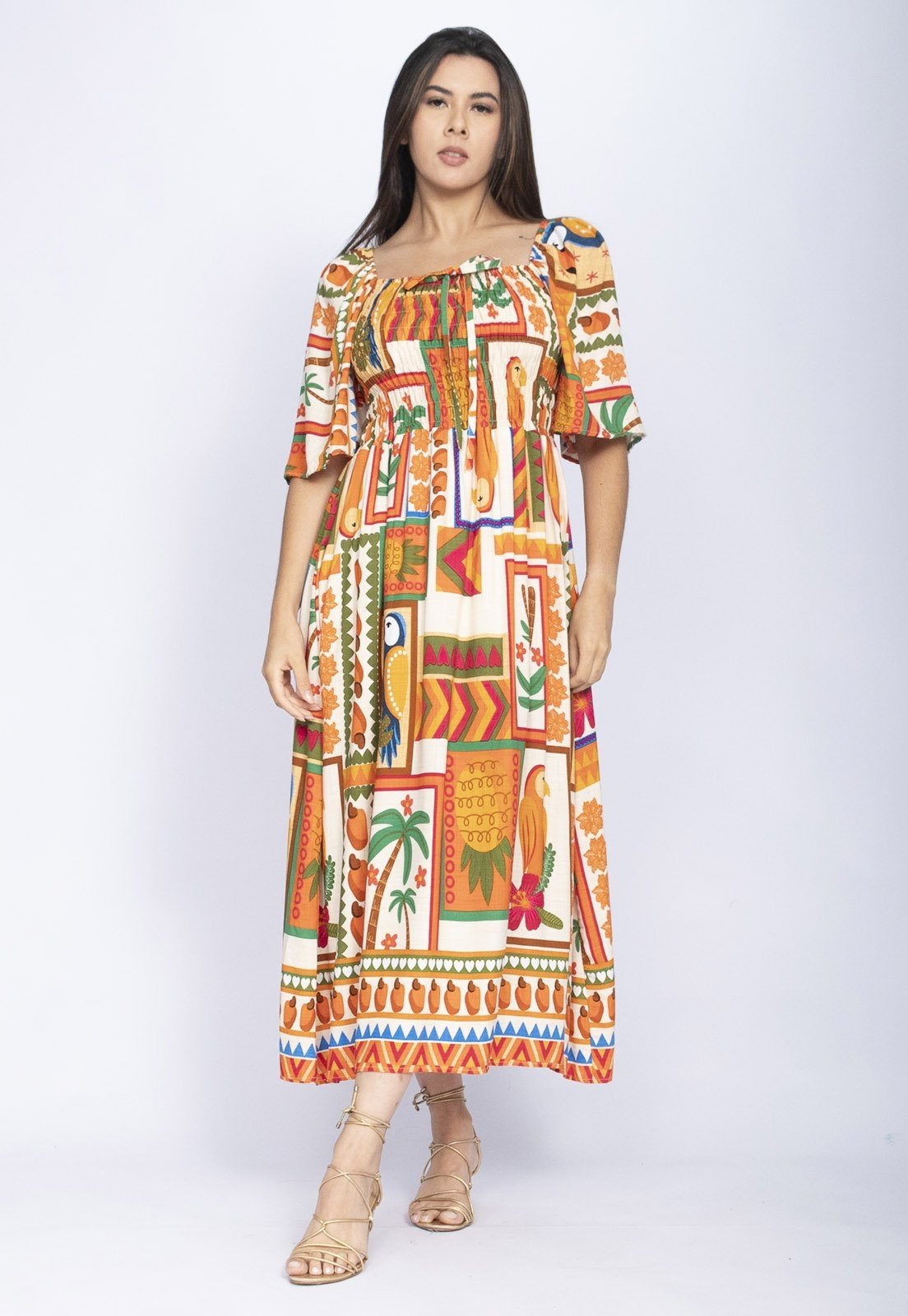 Vista 2 Vestido Midi Amazônia Vital com Manga Estampa Viva Amazônia Amazonia Vital estampado/laranja