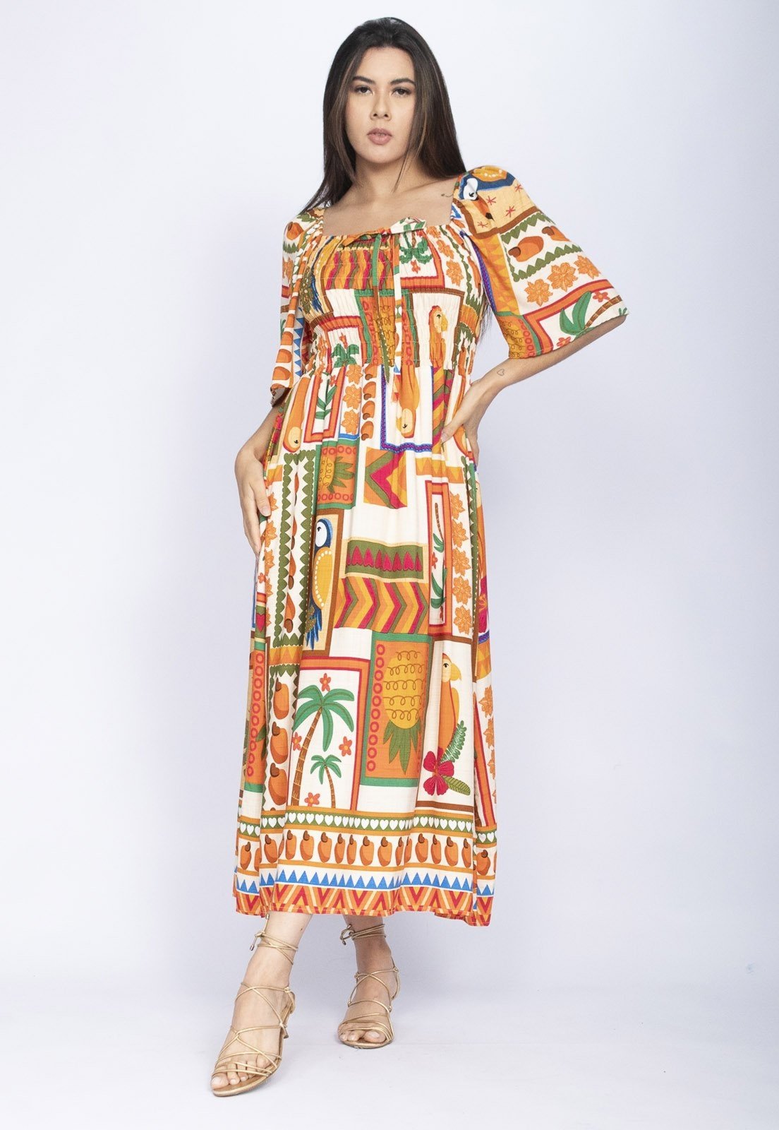 Vista 3 Vestido Midi Amazônia Vital com Manga Estampa Viva Amazônia Amazonia Vital estampado/laranja
