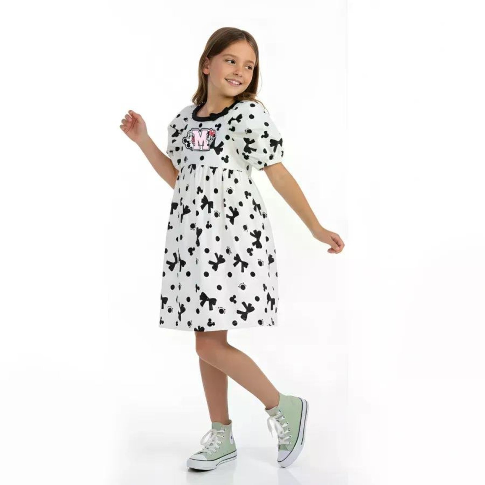Infantil - Vestido Disney Minnie Mouse Estampa Poá Delicado Branco