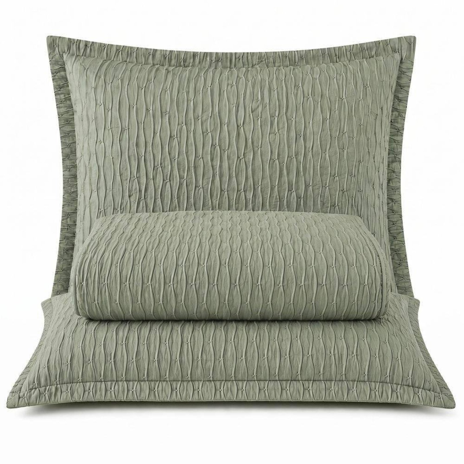 Cobre Leito Casal Elegance Plissado Percal 300 Fios 03 Peças - Verde Oliva - 100% Poliéster
