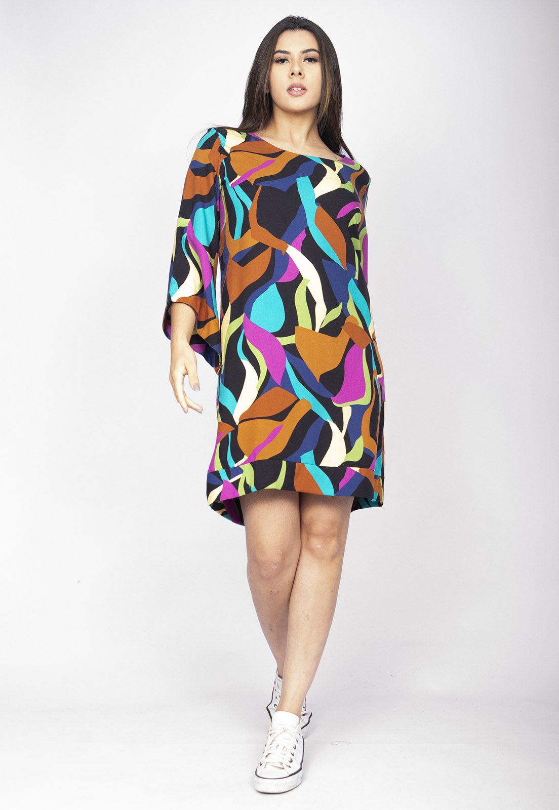 Vista 3 Vestido Curto Amazonia Vital Viscose Manga Ampla Balli Estampa Aurora Urbana Amazonia Vital azul marinho/estampado/off-white/rosa