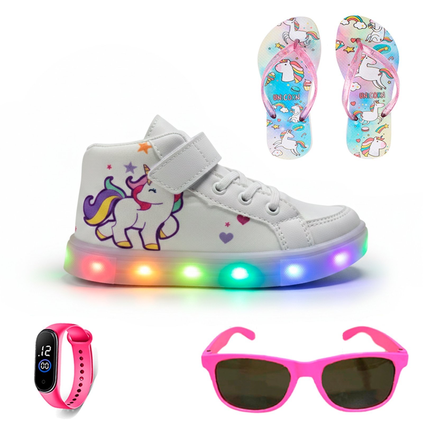Vista 2 Infantil - Kit Premium Volta às Aulas para Meninas com Botinha de Led Unicórnio + Mochila de Ombros + Chinelo Leve e Macio + Relógio Digital + Óculos CALCADOS LGHT LIGHT branco CALCADOS LGHT LIGHT branco