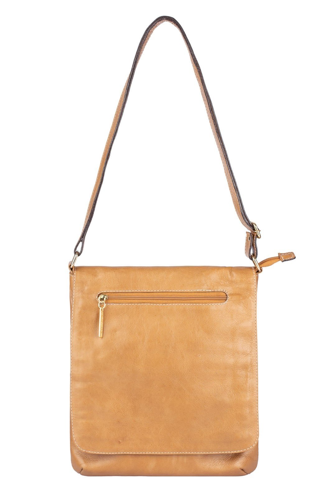 Bolsa transversal grande de couro liso Karina - Caramelo
