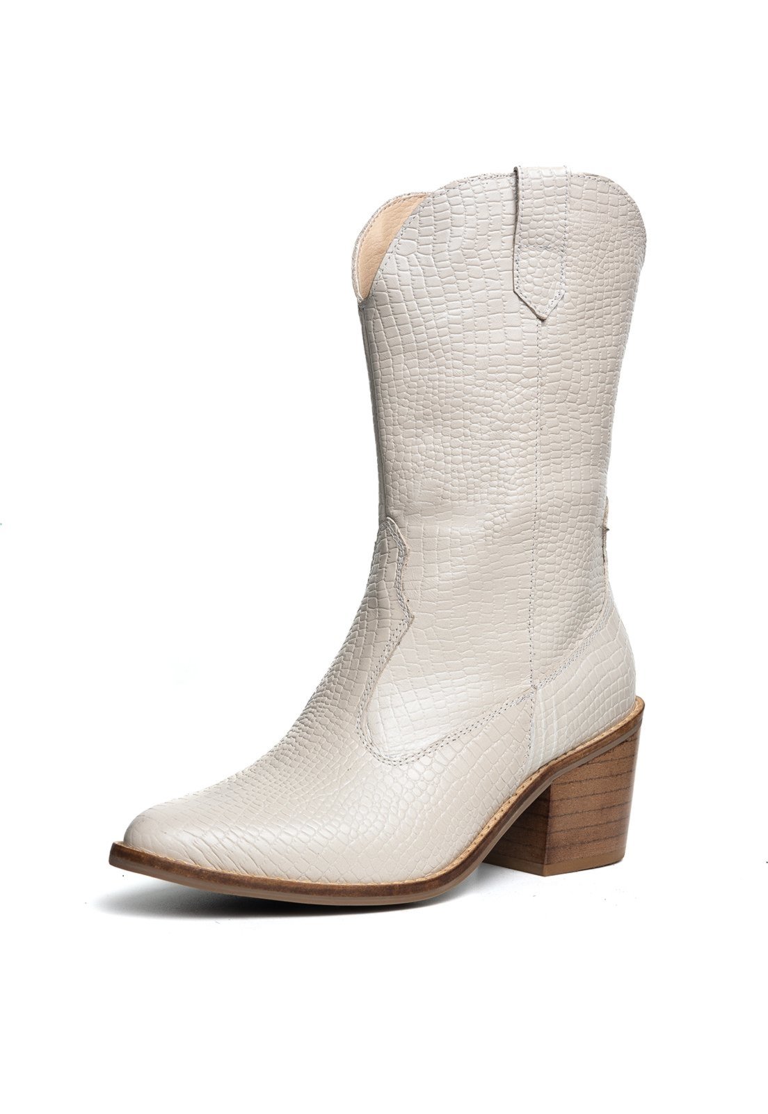 Bota Texana Western Bico Fino Country Couro Croco Off White Kuento Shoes