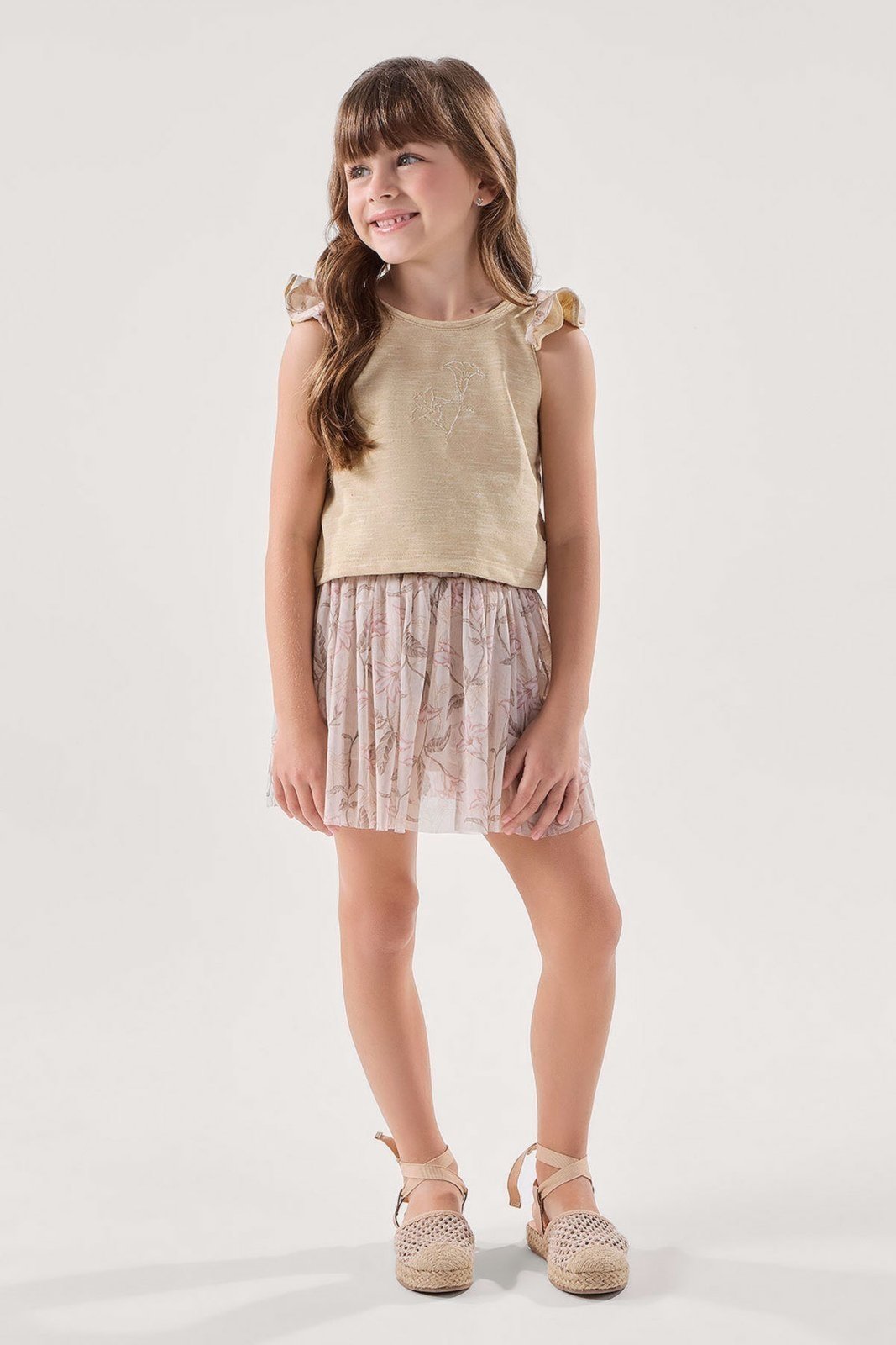 Infantil - Conjunto Blusa Amarelo com Babado e Saia Moletinho Rustico com Tule