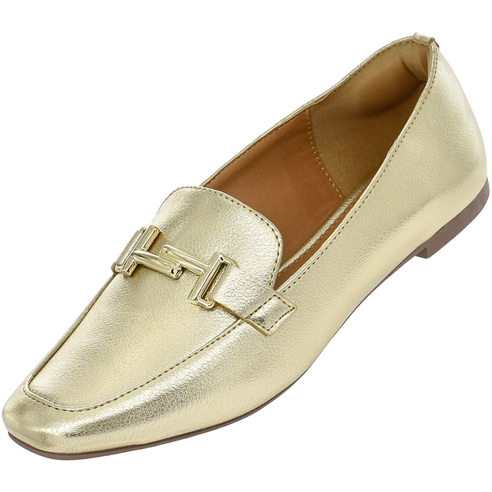 Vista 3 Sapato Feminino Mocassim CM Calçados Bico Quadrado Confort Ouro Light Monte Shoes dourado Monte Shoes dourado